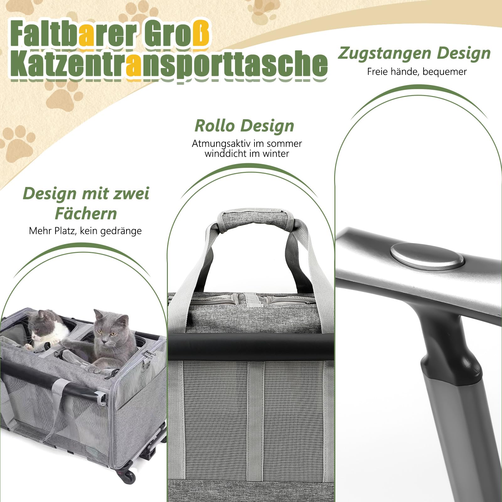 Trasportino per gatti con ruote, pieghevole, grande, per il trasporto di gatti, rimovibile, con scomparti, per 2 gatti, stile tenda ventilato