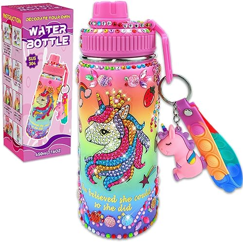 7july Decora tus propios kits de botellas de agua para niñas de 4 a 6 a 8 a 10 años (acero inoxidable), manualidades de pintura de diamantes con