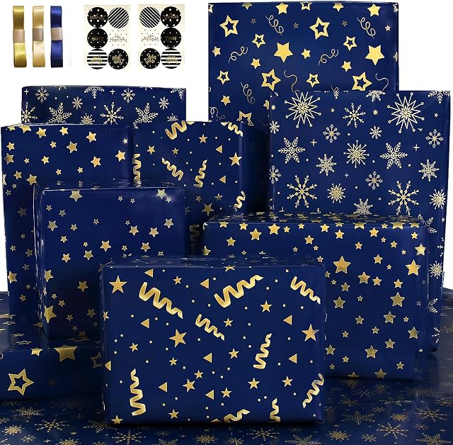 Wrapping Paper Flat Sheets - Birthday Wrapping Paper Set with Sticker Ribbon - Gift Wrapping Paper with Dark Blue and Gold Stripes Star Design - Navy Blue Wrapping Paper for Men Boy - Birthday Gift Wrap for Christmas, Hanukkah, Birthday, Graduation, All