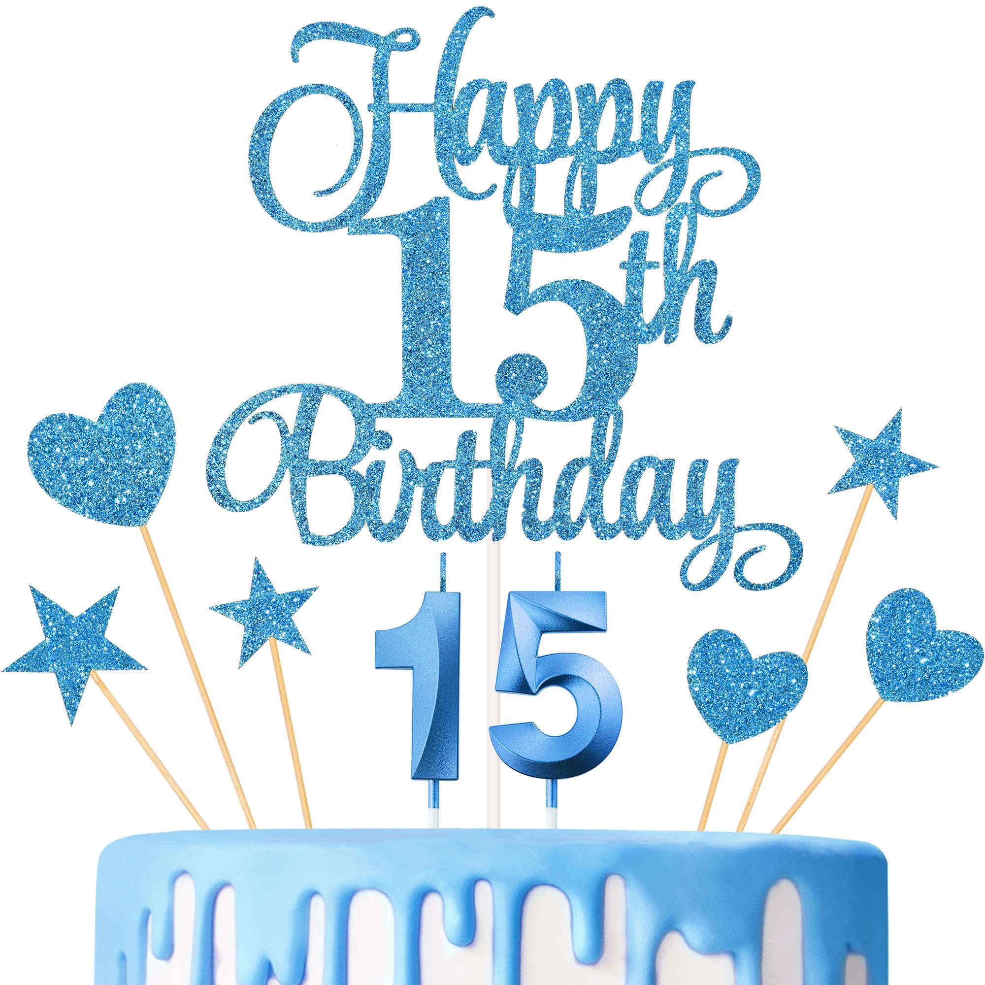 Lecferrarc 15th Birthday Cake Decorations, 15th Birthday Candles Cake Numeral Candles and Glitter Happy 15th Birthday Cake Toppers Set for Birthday