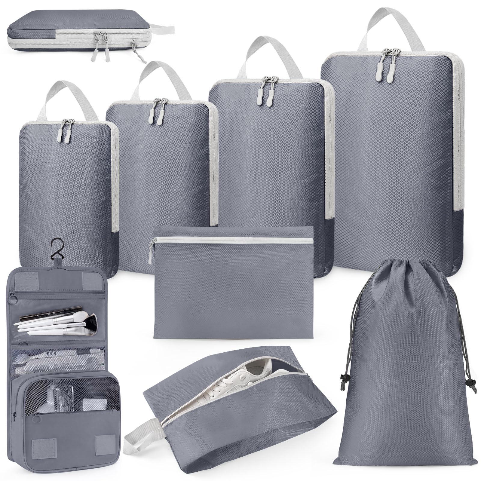 Compression Packing Cubes, 8 Set Packing Cubes Compression for Travel, Suitcase Organiser Bags, Luggage Cubes for Clothes, Flight/Cruise/Holiday Essentials, Grey