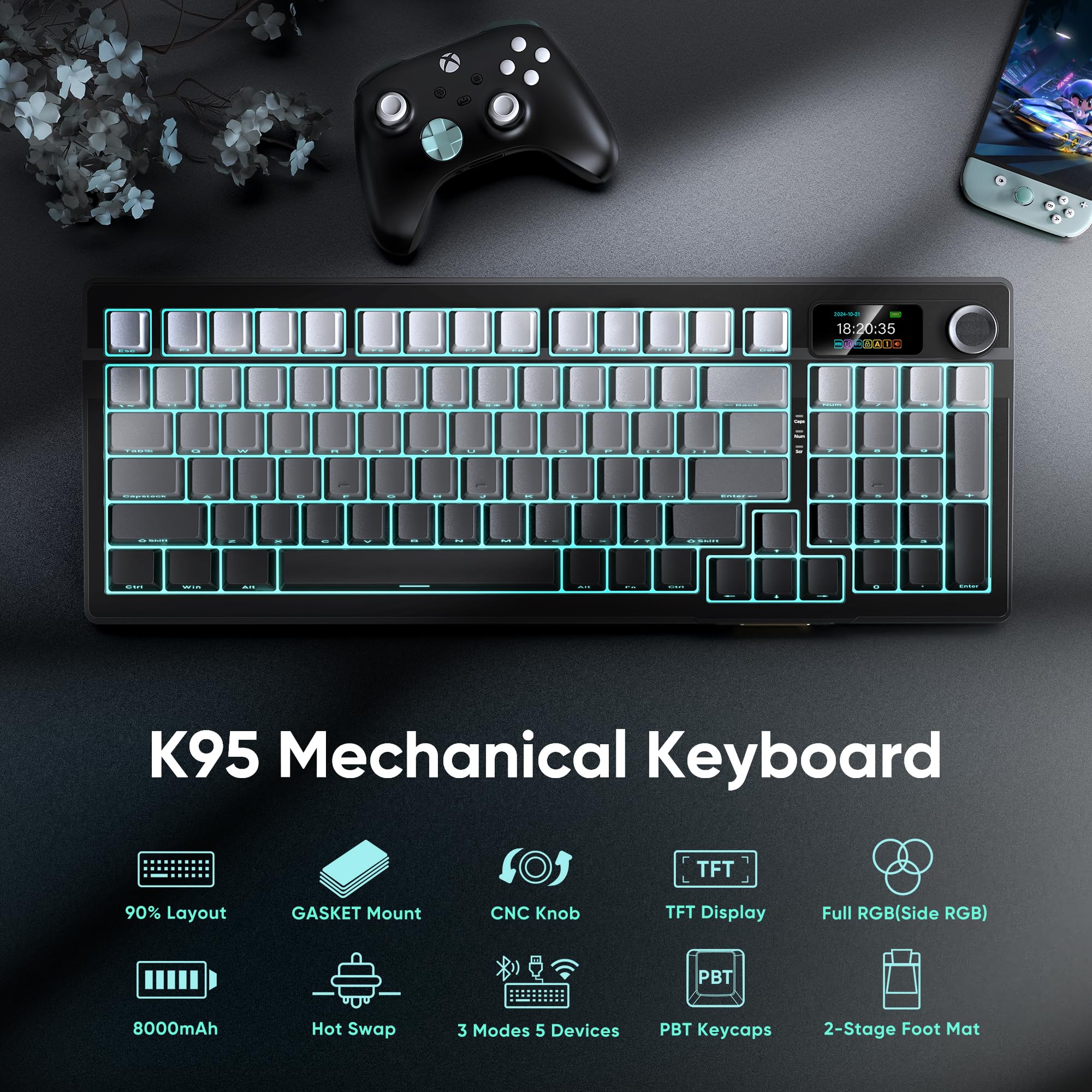 RedThunder K95 Tastiera meccanica da gioco senza fili con display da 1,88" e pulsante, QWERTY US 96 tasti