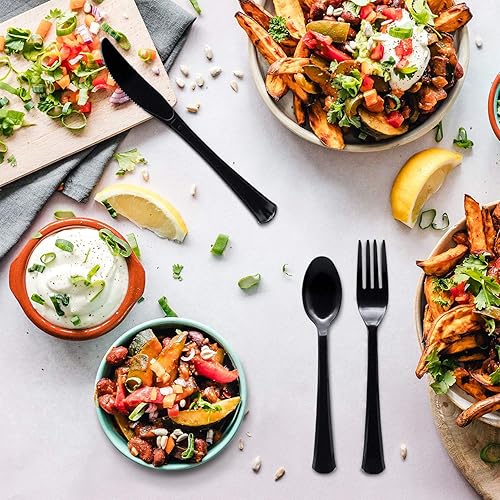 Miniatura 5 de Party Essentials Paquete combinado de cubiertos de plástico duro extra resistente y cuchillostenedorescucharas de tamaño completo, color negro, 8