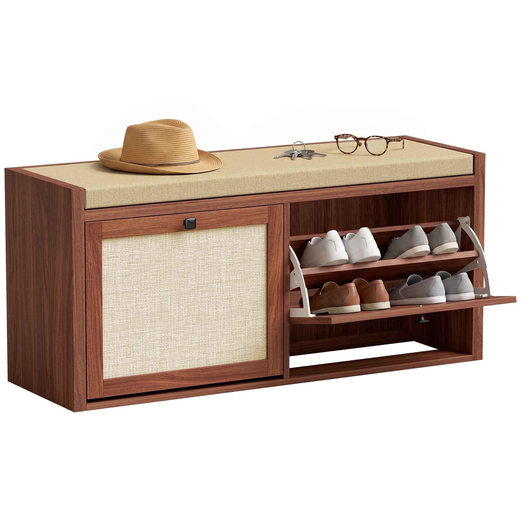 HOMCOM Shoe Bench with 2 Rattan Doors Padded Cushion Seat Bedroom, Brown โ image 1