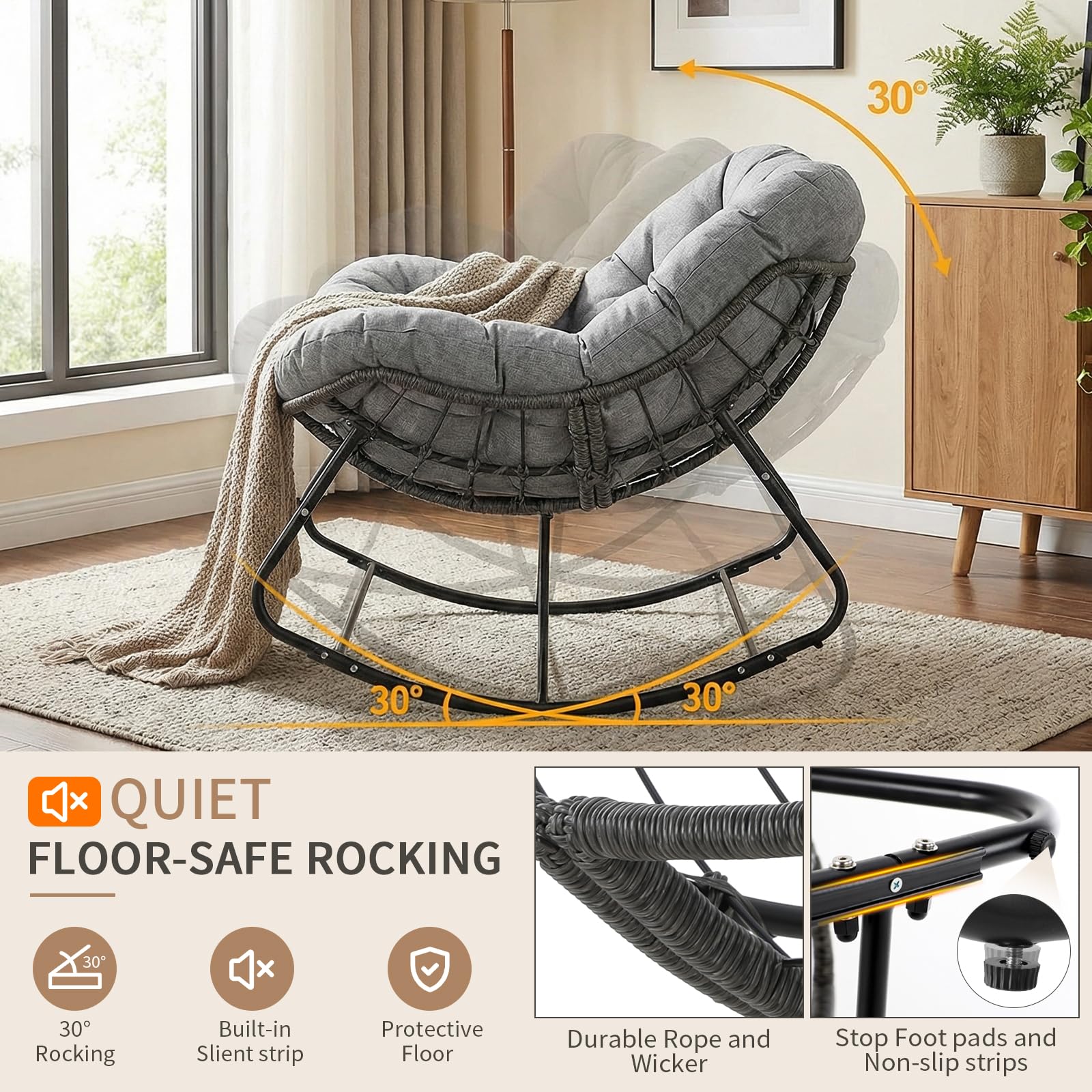 LIFERUN Fauteuil à bascule en rotin avec tabouret, résistant aux intempéries, avec rembourrage épais amovible, charge de 150 kg, pour jardin, balcon, salon