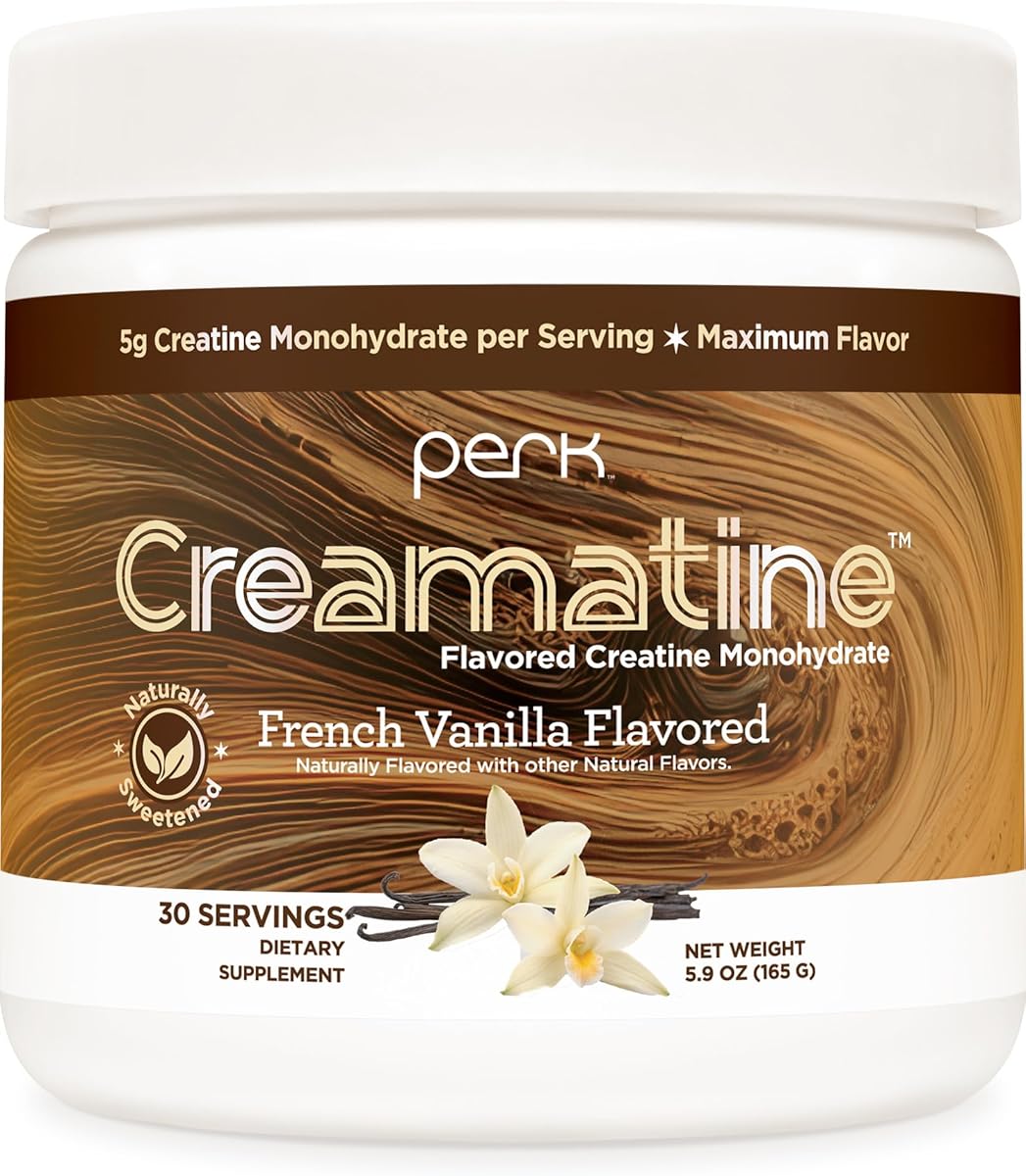 Perk Perk Creamatine (French Vanilla) 30 Servings - Flavored Creatine Monohydrate, 5g of Creatine per Serving, Naturally Sweetened, Zero Sugar, Gluten-Free, Soy-Free