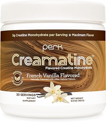 Perk Creamatine French Vanilla 30 Servings - Flavored Creatine Monohydrate, 5g of Creatine per Serving, Naturally Sweetened, Zero Sugar, Gluten-Free, Soy-Free
