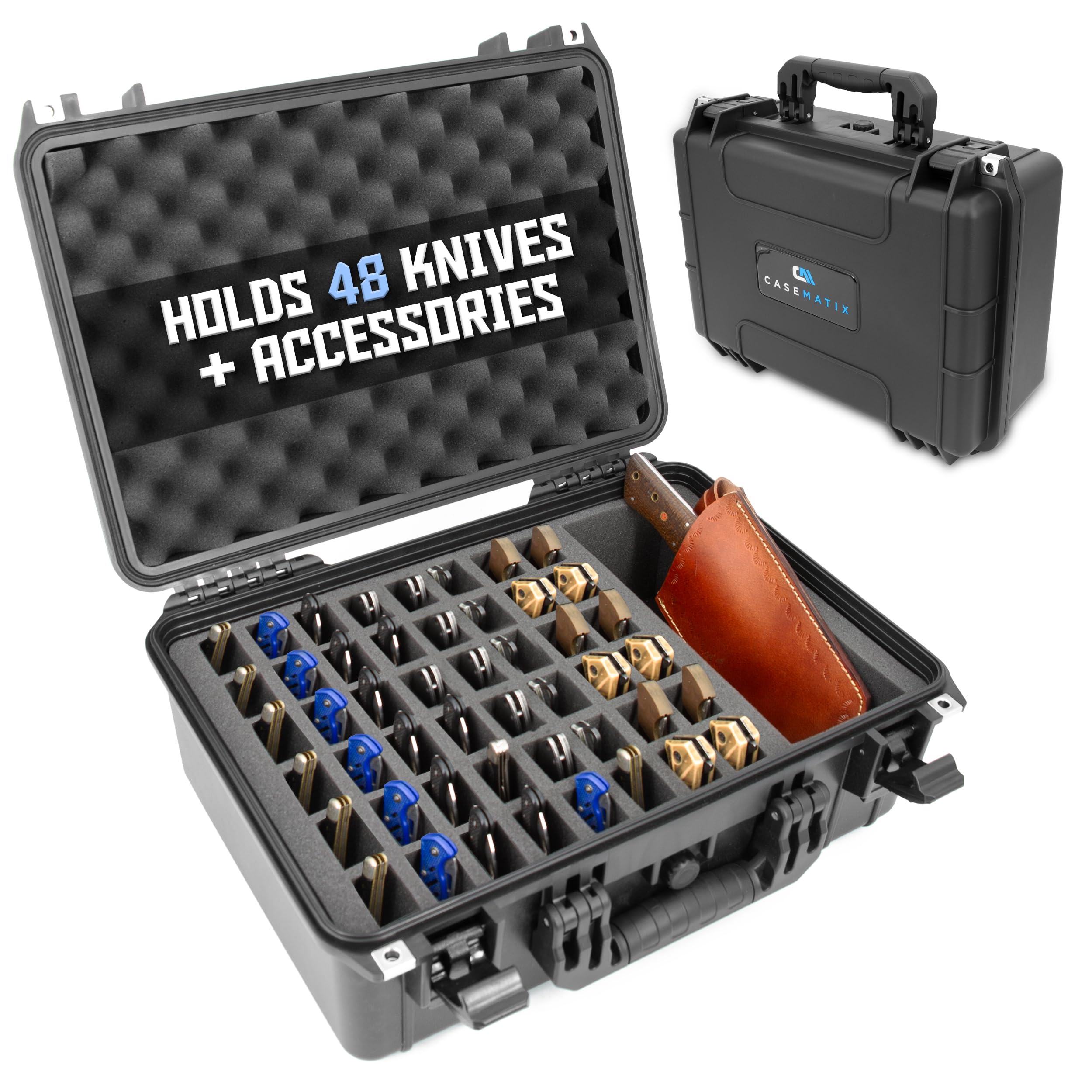 CASEMATIX 48 Folding Knife Storage Case - Waterproof Lockable Knife Organizer for Pocket Knives, EDC Gear &amp; Swiss Army Knives Up to 6" with Accessory Compartment for Sharpeners &amp; Tools