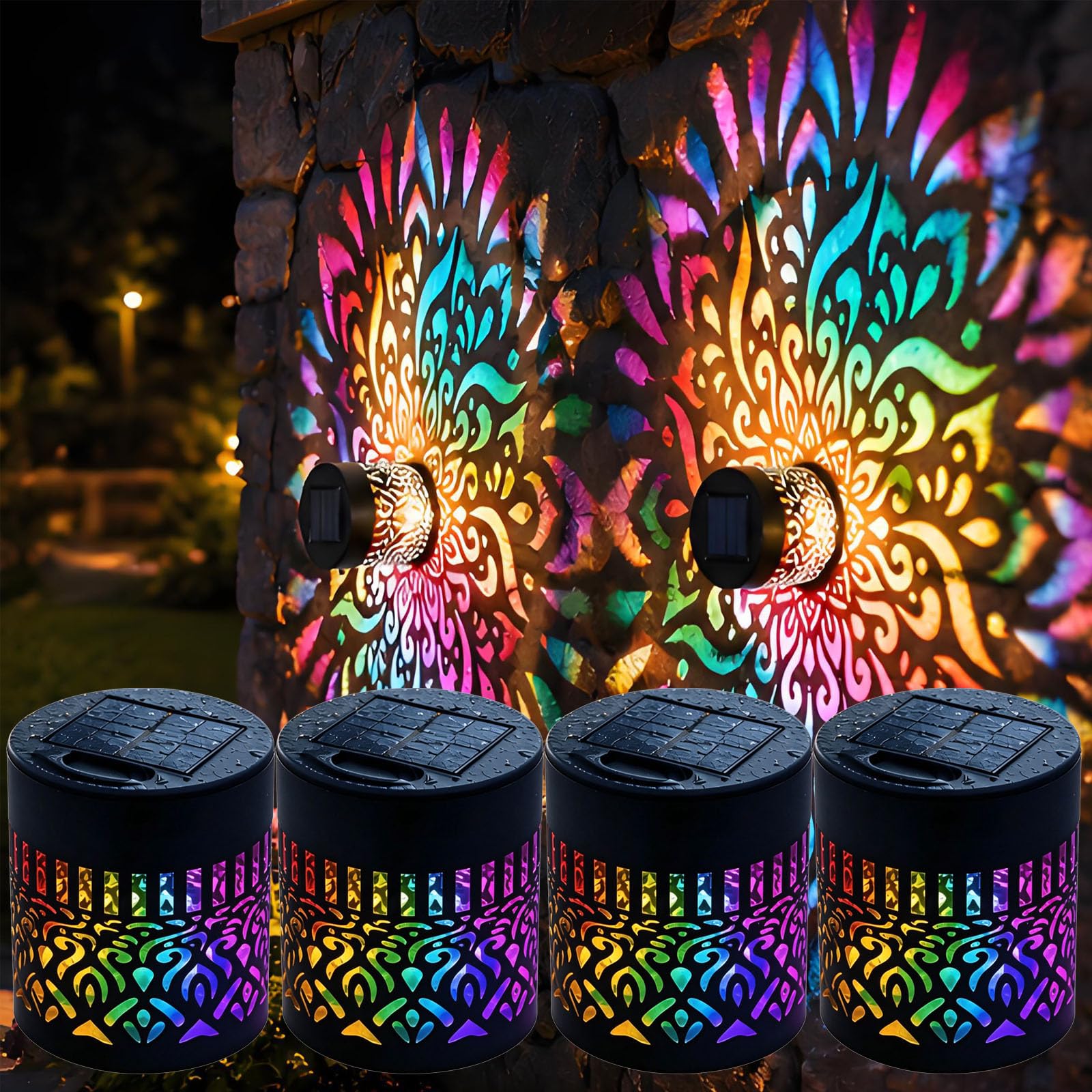 AurrSccen 4Pcs Solar Mandala Lights,Waterproof Metal Wall Lamp for Garden