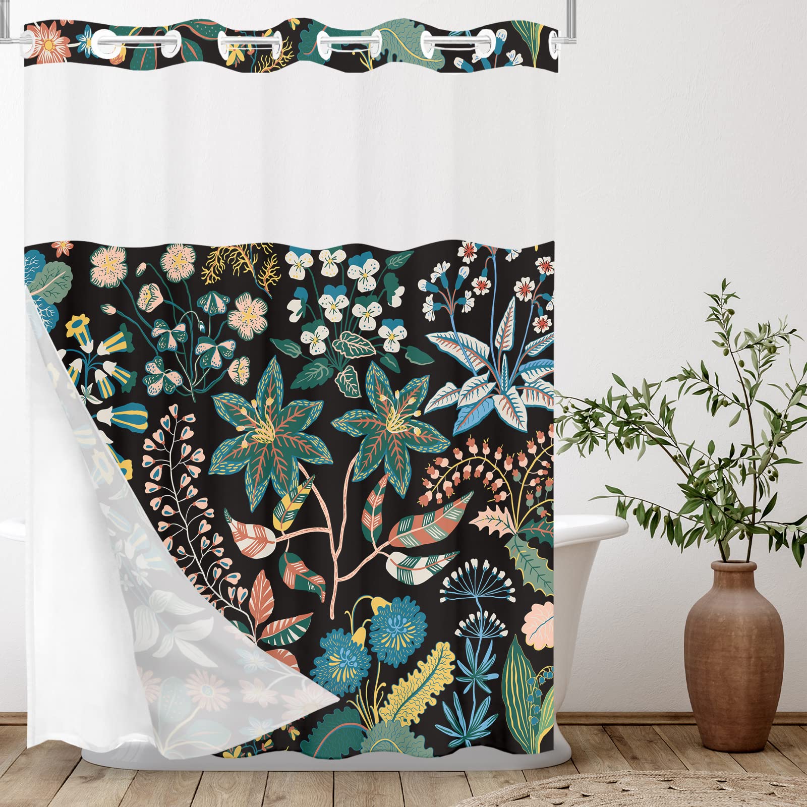 Tititex No Hooks Snap in Liner Black Rustic Floral Boho Shower Curtain Sets, Hotel Luxury Double Layers Waterproof Fabric & See-Through Top Window Bathroom Decorative 72x72 Inch