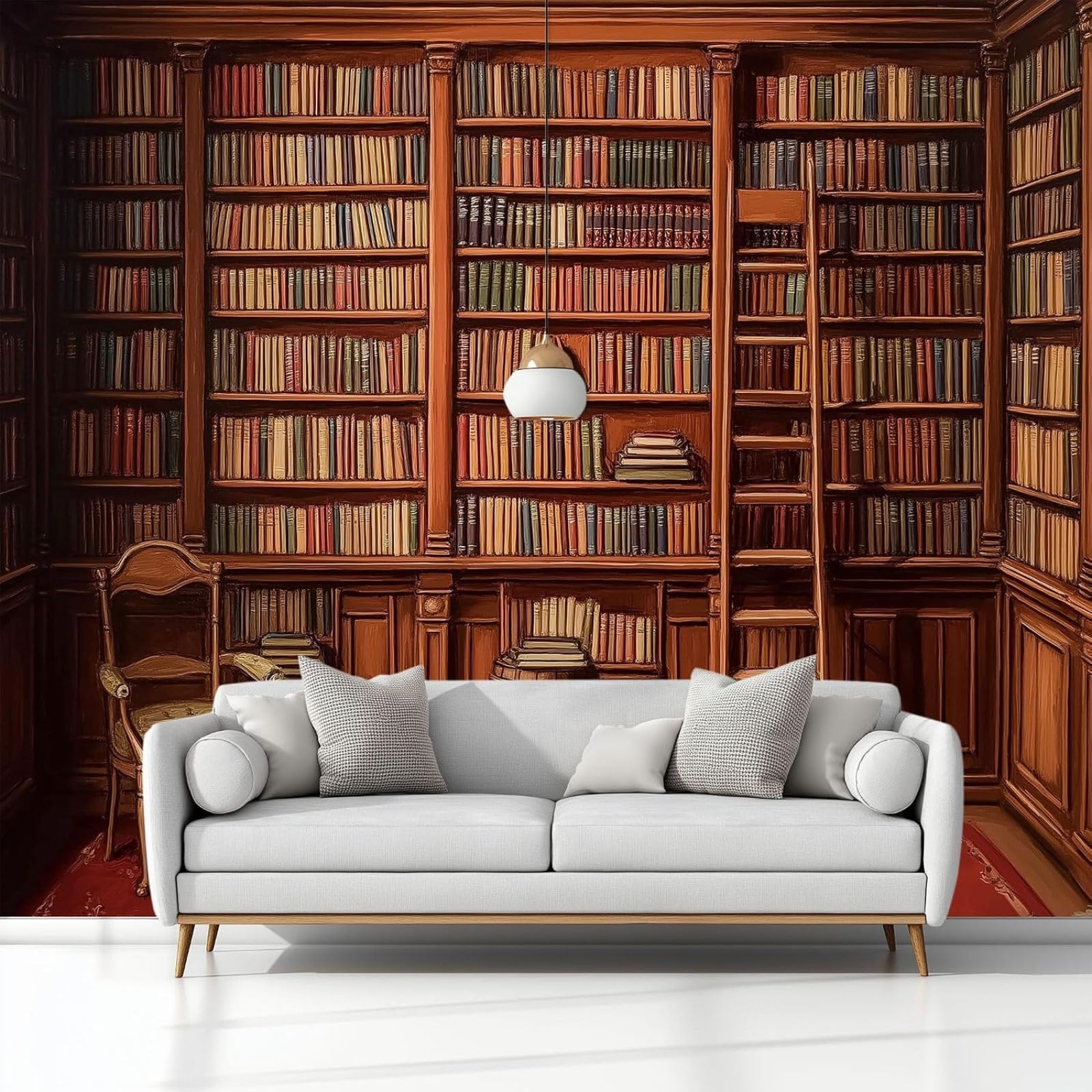 Papier peint moderne pour salon motif bibliothèque bois marron