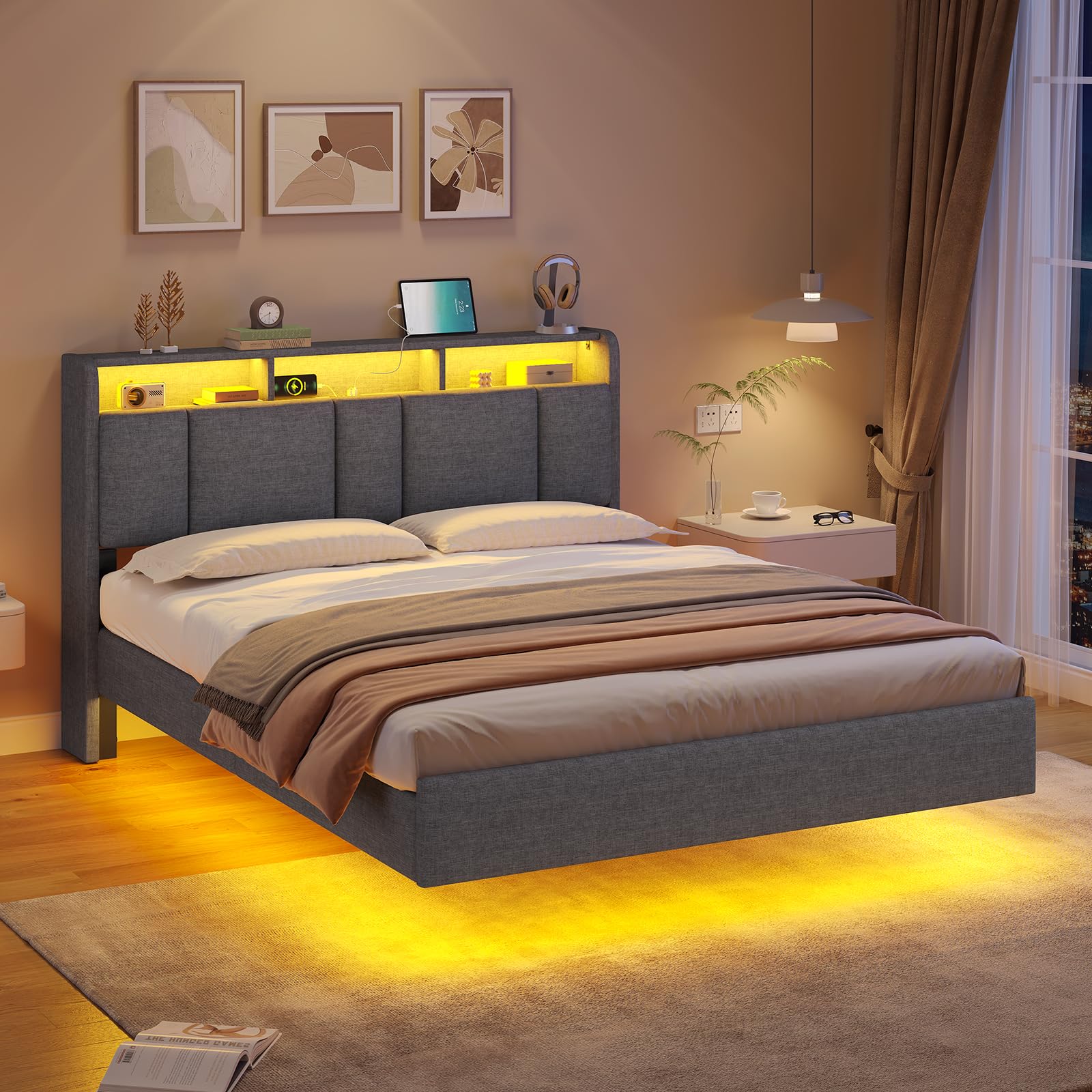 AOGLLATI Polsterbett 140x200cm, Bett 140x200 mit LED Beleuchtung und Ladestation, Schwebebett mit Kopfteil, Lattenrost aus Metall, Leichte Montage, Doppelbett, Leinen, Dunkelgrau (ohne Matratze)