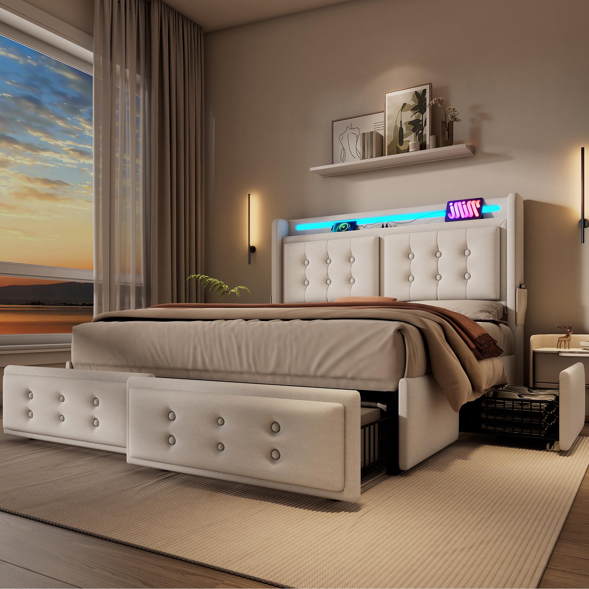 Letto matrimoniale imbottito, 180 x 200 cm, con 4 cassetti, letto