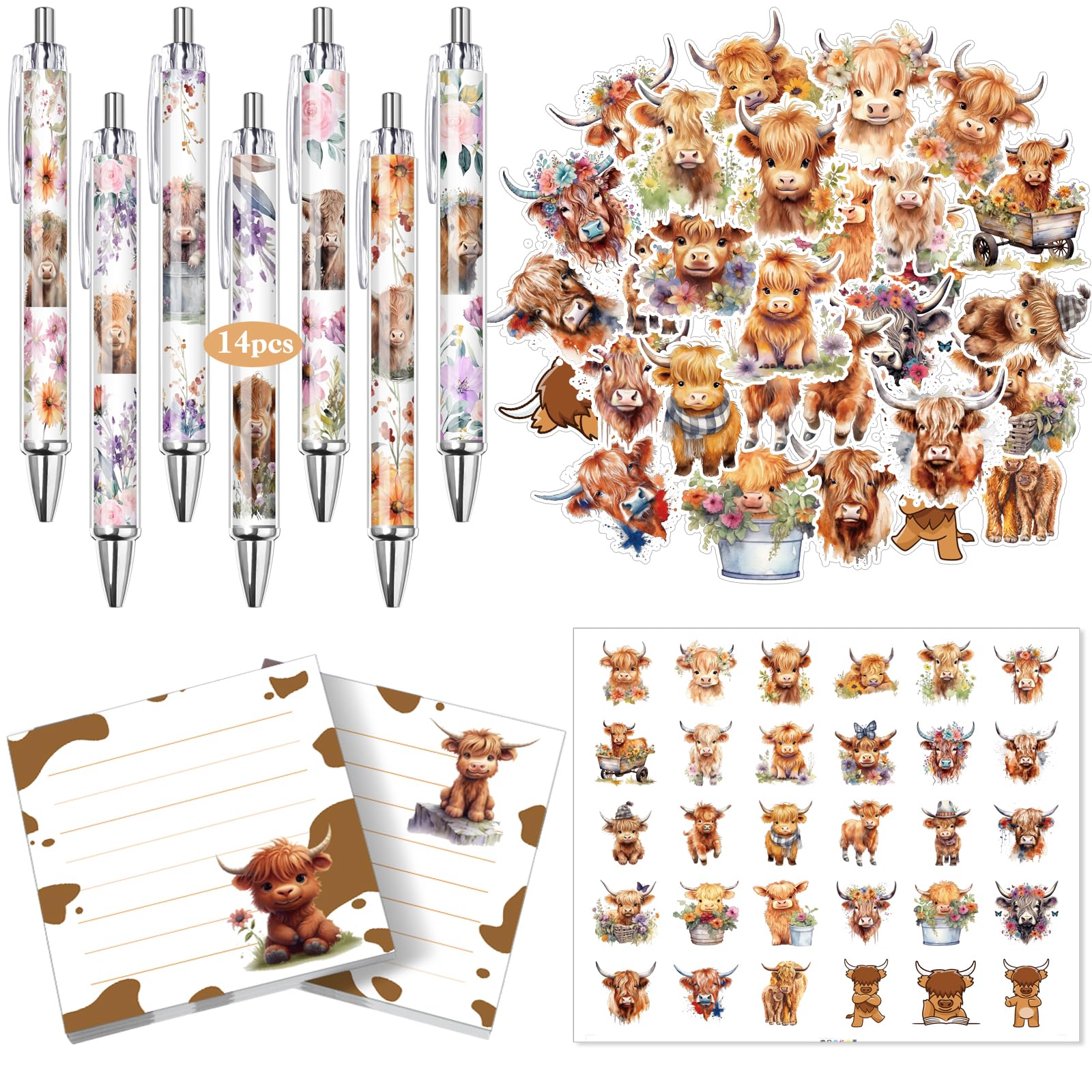 Motipuns 18 Pcs Cute Highland Cow Gifts Set Including 14 Highland Cow Print Pens 2 Sticky Notes 60 Stickers Animal Lover Gift Office Supplies for
