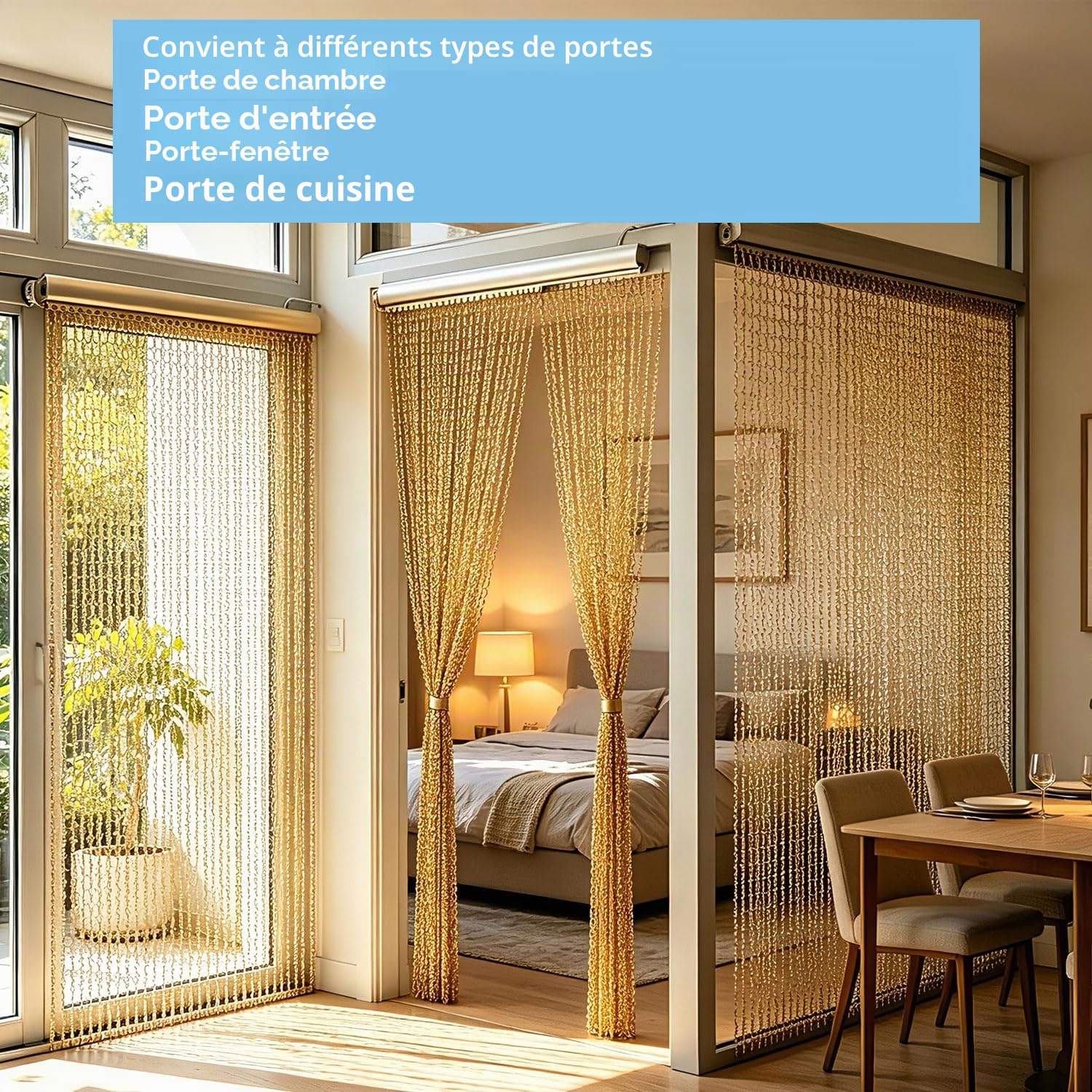 Store à Enrouleur en Aluminium 90 × 200 cm avec chaîne, Anti-Mouches et Anti-Insectes, pour la Protection Contre Les nuisibles, pour Portes et fenêtres, décoration d'intérieur (doré)