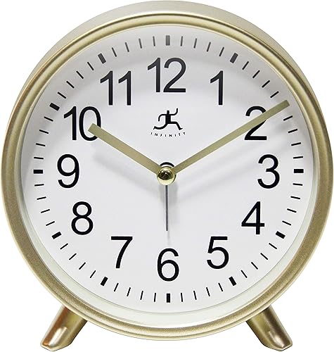 Infinity Instruments Reloj despertador de mesa decorativo lindo 5.75 pulgadas cara moderna redonda analógica fácil de leer dorado mate pequeño