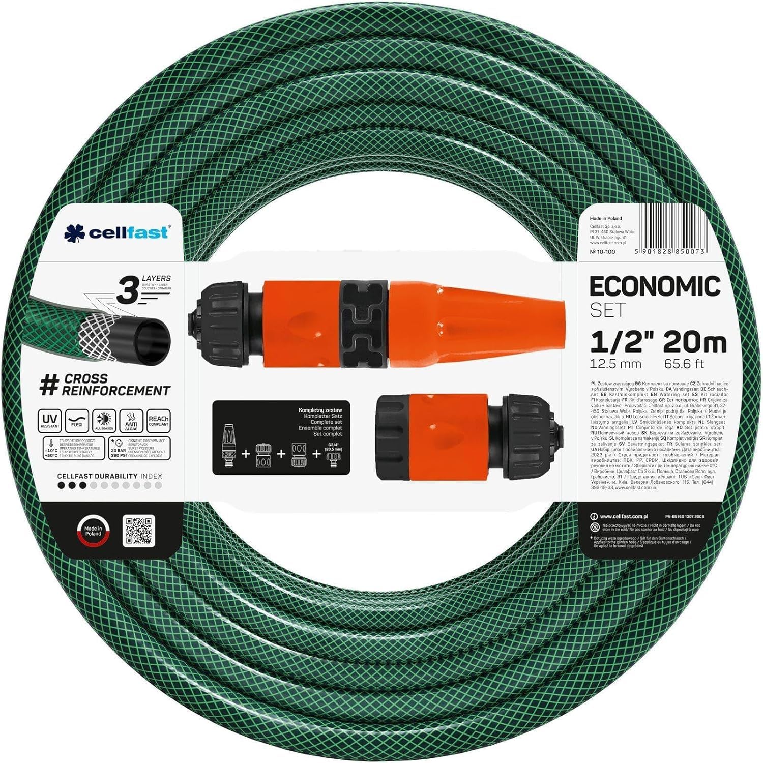 Güde Akku Regenfasspumpe RFP 12-201-04 (Fördervolumen 1500 l/h, max. Förderhöhe 11 m, Schlauchkupplung, 2 Ah Akku, Ladegerät, Teleskopverstellung) & Cellfast 10-100V Gartenschlauch, grün, 1/2"-20m