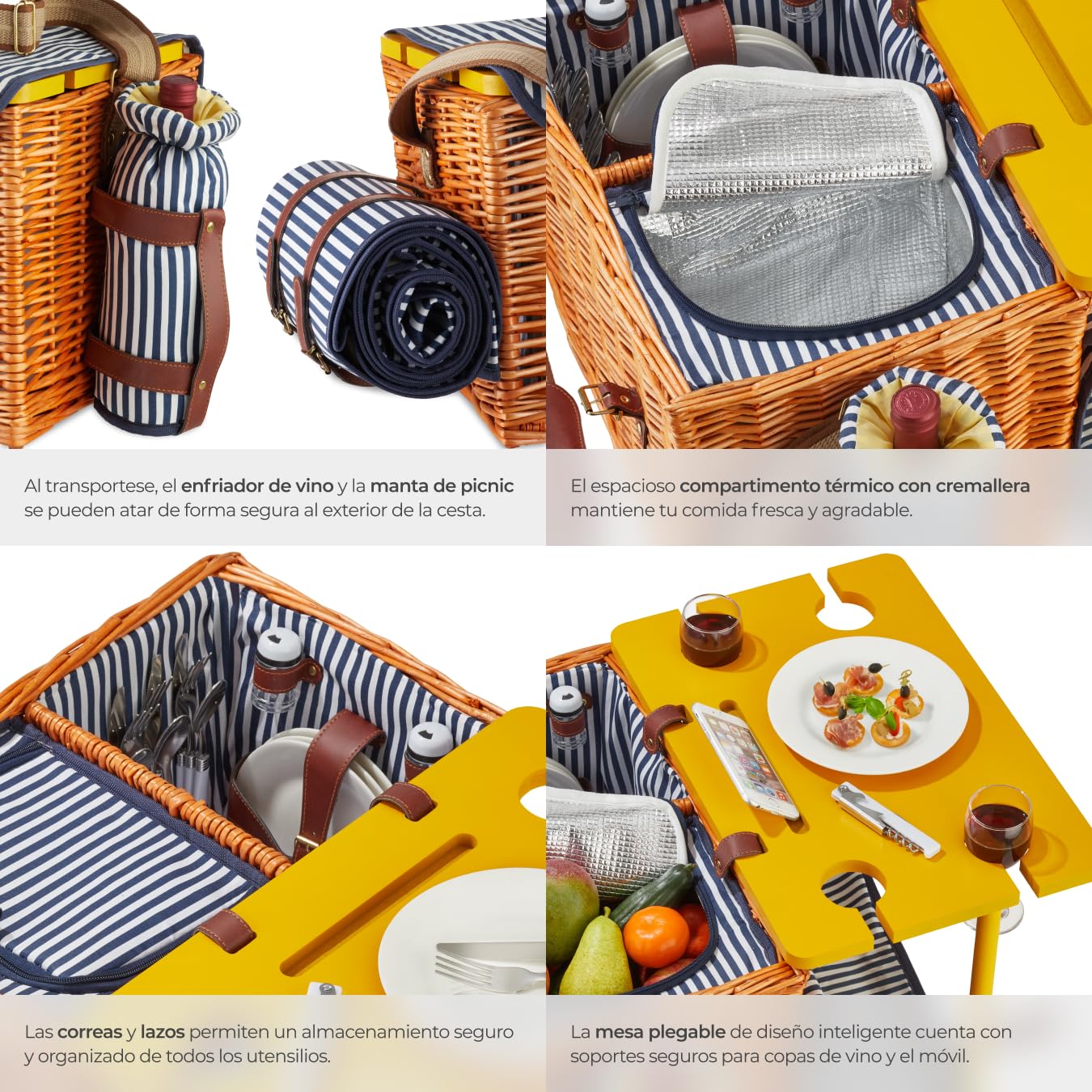 tectake® Cesta Picnic de Mimbre 4 Personas, con Manta Impermeable, Nevera Portatil, Mesa, Nevera Playa, Cesta Mimbre Vajilla de 20 Piezas, sacacorchos, salero y Enfriador de Vino - Modelo Langeoog