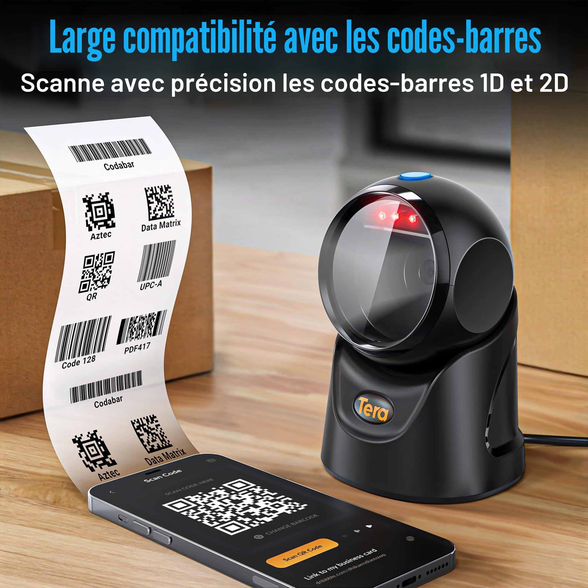 Tera Lecteur de codes-barres omnidirectionnel : lecteur de code QR 1D 2D mains libres USB filaire angle réglable, Plug and Play pour point de vente, supermarché, entrepôt, magasin de détail, hôpital