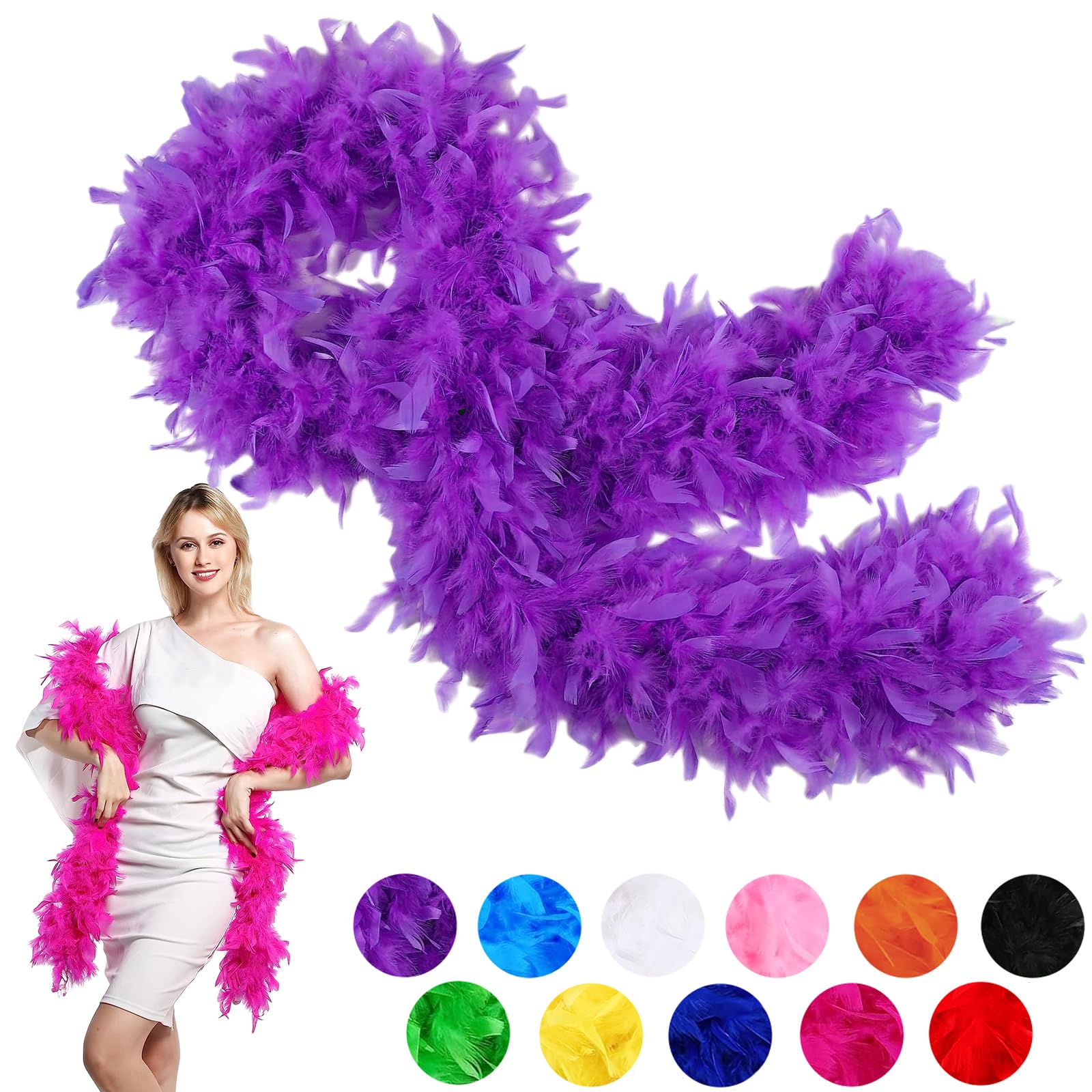 80g Purple Feather Boa Thick Fancy Dress for Adults,Kids,2m/6.6ft Natural Turkey Feather Boa Purple,Party Fluffy Boa Feather Scarffor Bulk for Women,Girls,Wedding Bachelor Halloween Christmas Party