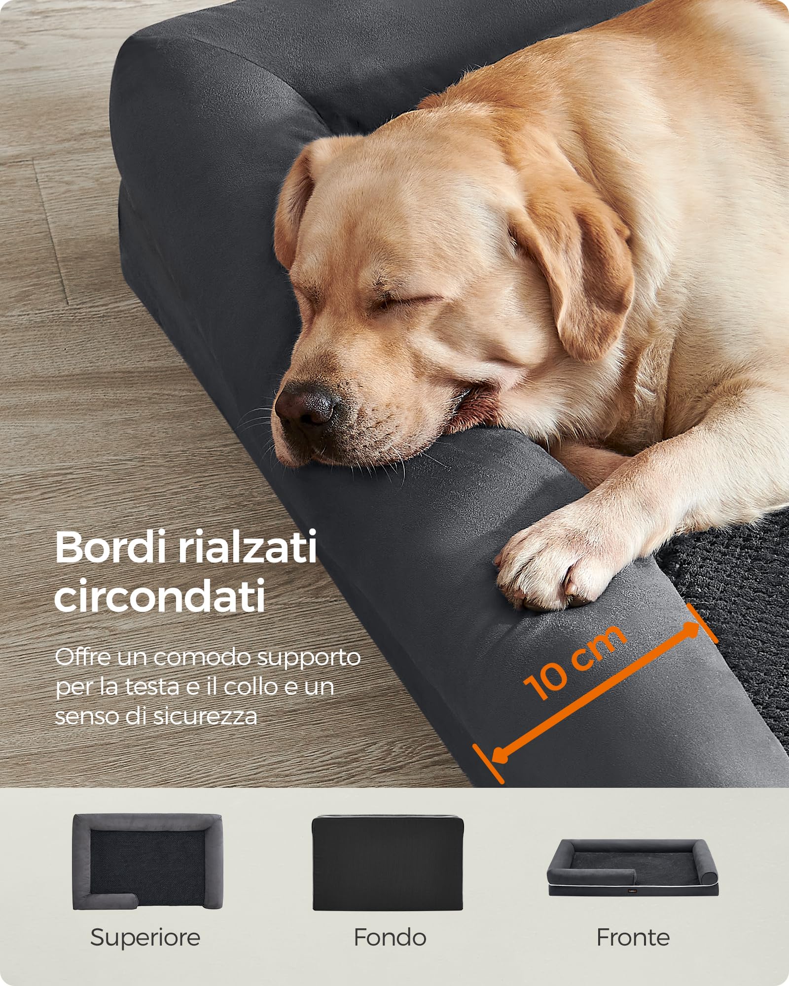 Feandrea Cuccia per Cani Ortopedica, Letto Divano per Animali, Imbottitura Morbida, Bordi Rialzati, Copertura Sfoderabile e Lavabile, 135 x 107 x 25 cm, Fondo Antiscivolo, Grigio Scuro PGW079G01