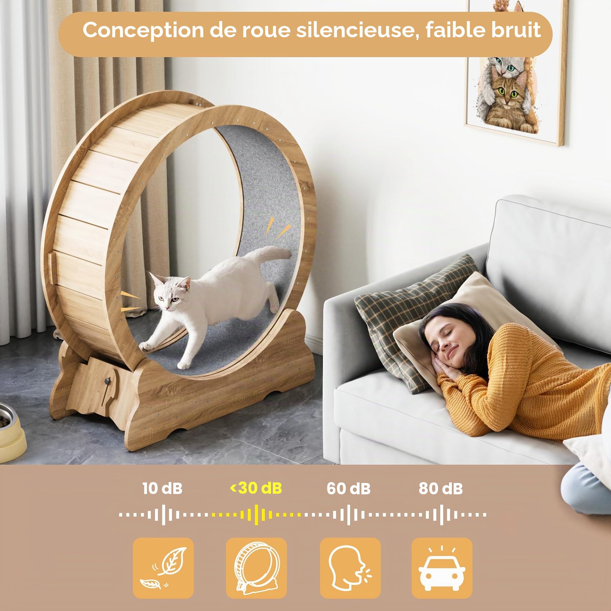 Mondeer Roue pour Chat d'intérieur avec Piste Moquette, Tapis de Course XL de 90 cm avec Tapis Amovible et Jouet pour Chat, pour Course à Pied, Marche, entraînement (Bois Naturel)
