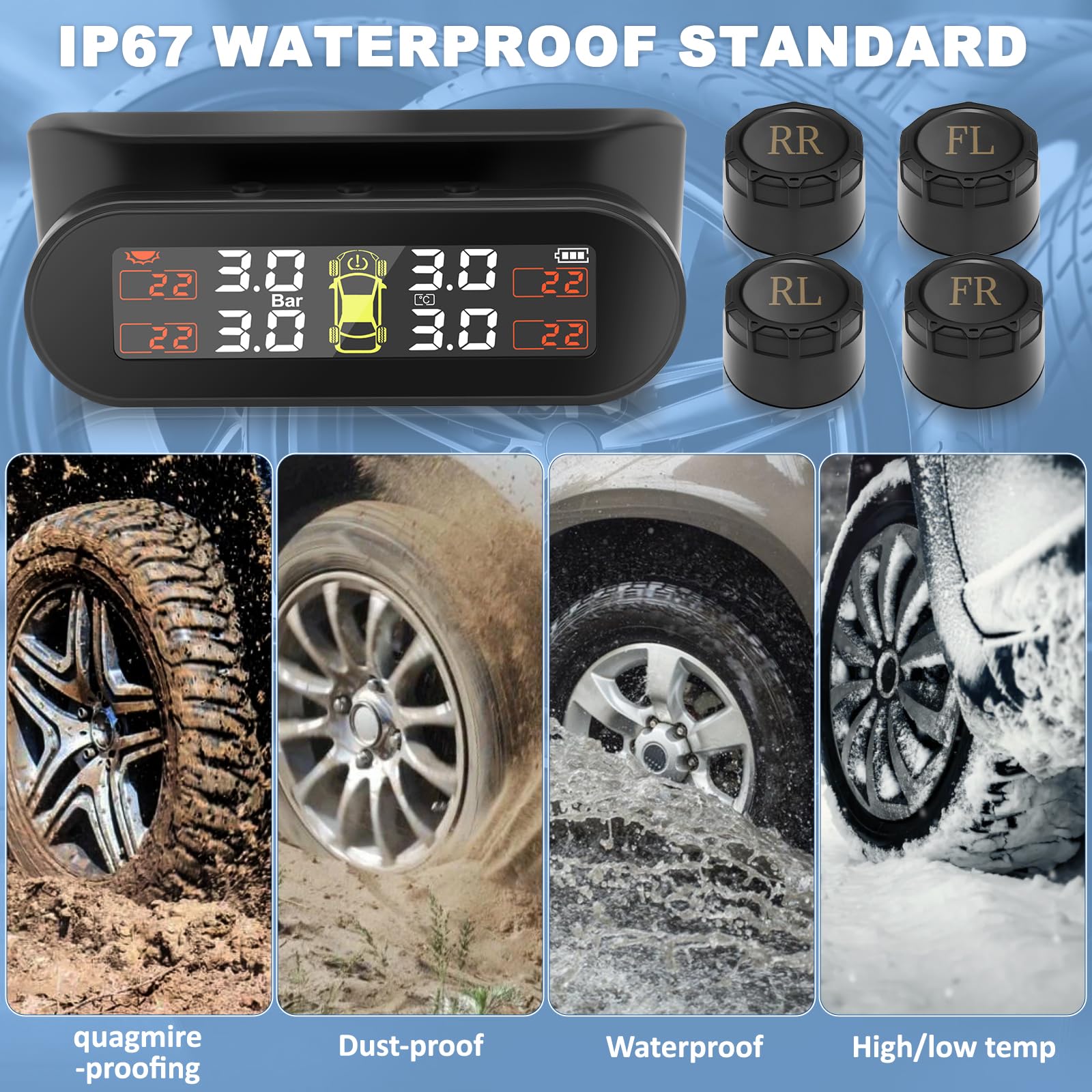 TPMS Sistema di Monitoraggio,della Pressione degli Pneumatici, Ricarica Solare/USB, 4 modalità Allarme, con 4 Sensori Esterni, per Berlina, SUV, Monovolume, Rimorchio, ECC