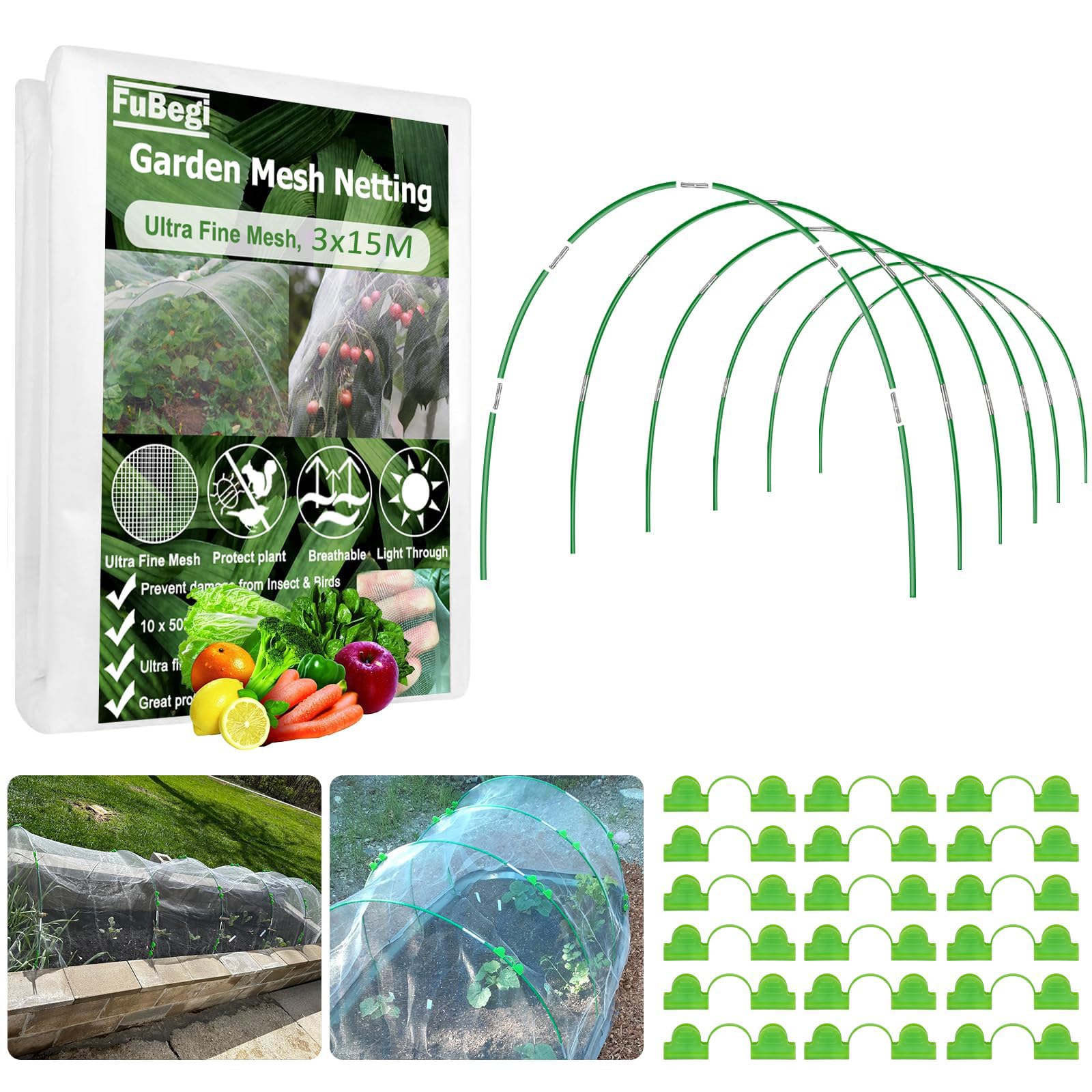 Garden Hoops and Netting Set for Raised Bed Greenhouse, 3x15m Ultra Fine Mesh Garden Insect Netting Bug Net Pest Barrier, 36pcs 8ft Greenhouse Grow Tunnel Hoops Frame Bird Mosquito Netting