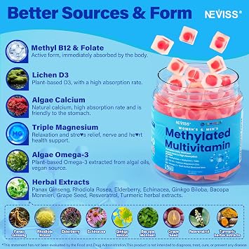 Methylated Multivitamin for Women & Men Gummies w/ Omega-3, Calcium, D3 K2