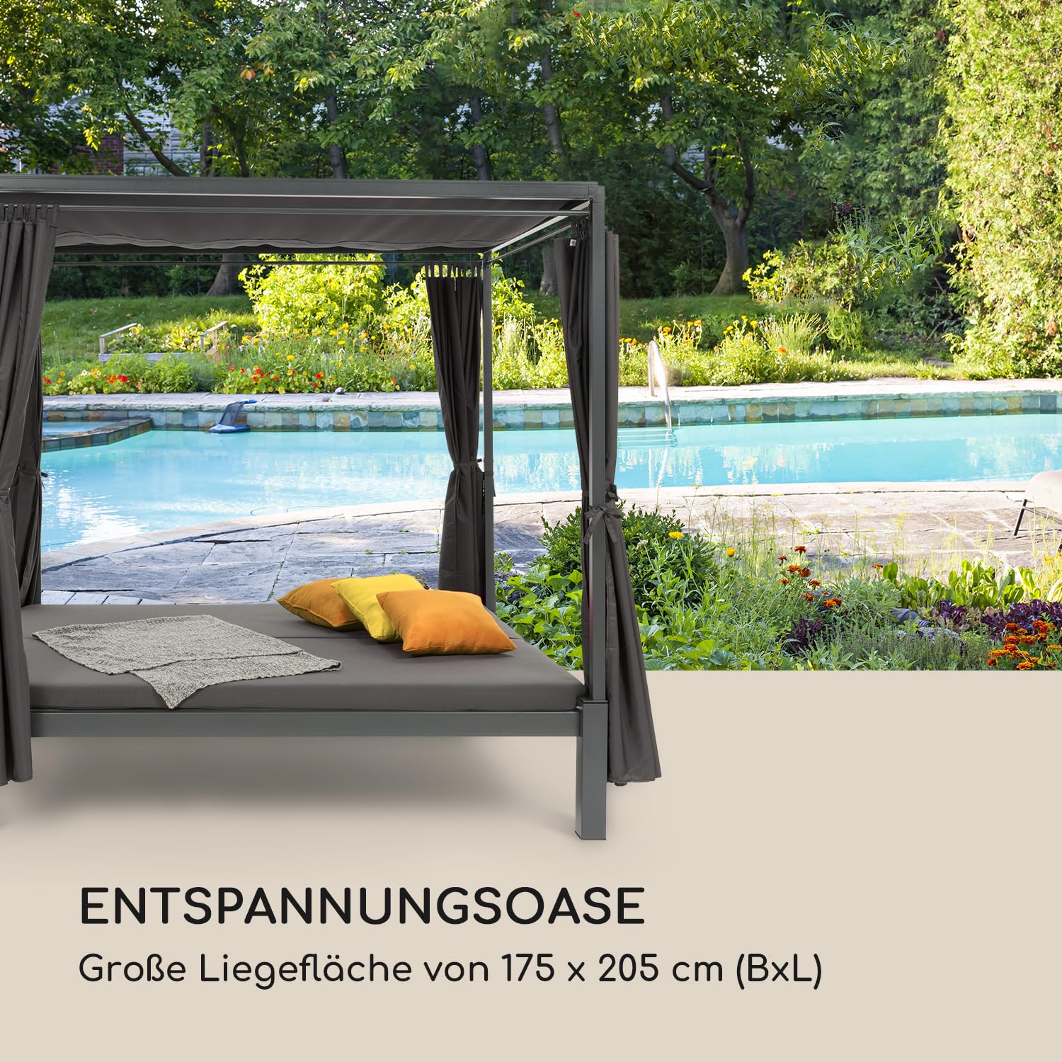 blumfeldt Senator Lounge - Doppel-Gartenliege mit Sonnendach, Lounge-Pavillon, 188 x 208 x 205 cm, komfortable Polsterung, Sichtschutz-Vorhänge, wasserfest, Stahlrahmen, max. 350 kg, grau