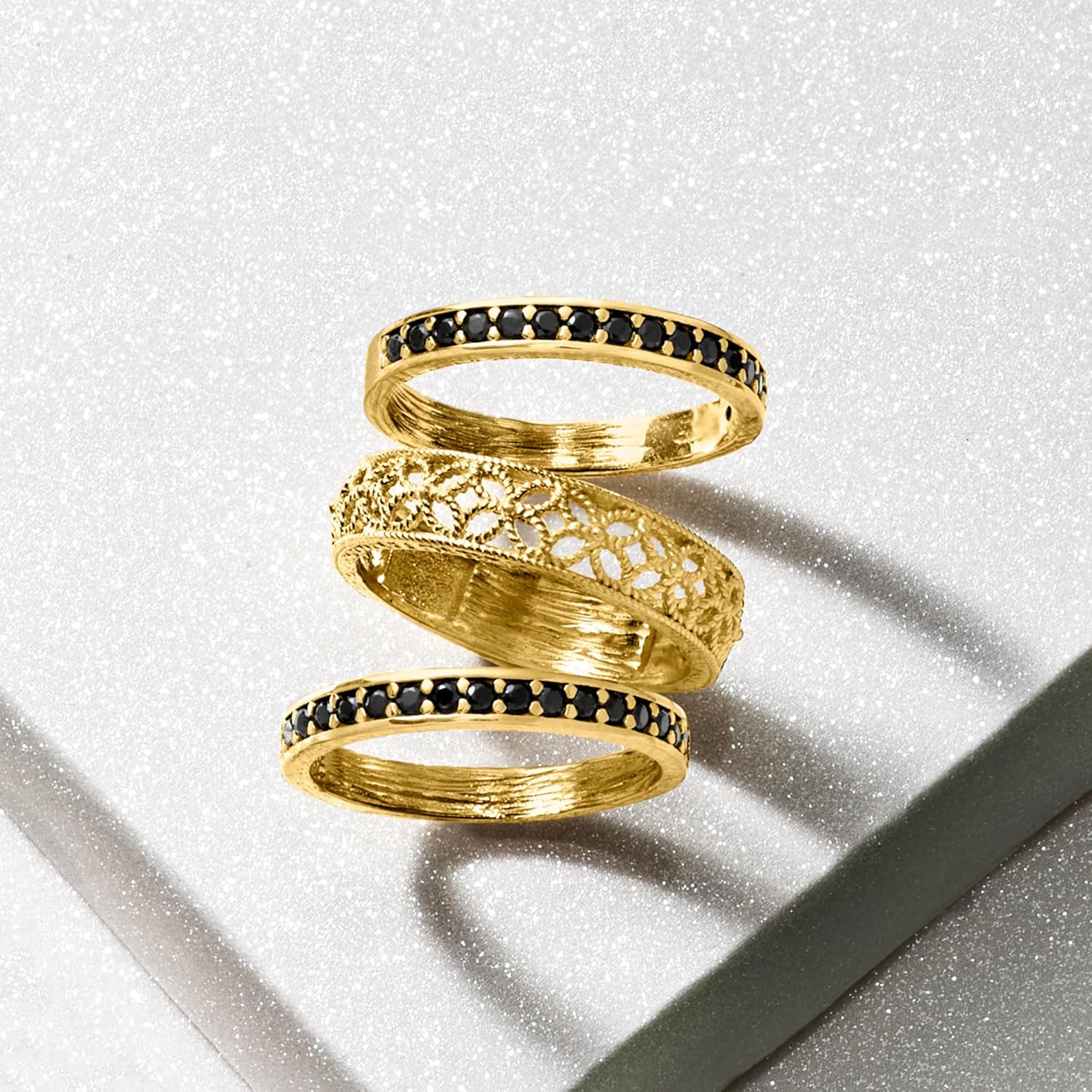 Ross-Simons 0.60 ct. t.w. Black Spinel and Scrollwork Jewelry Set: 3 Rings in 18kt Gold Over Sterling