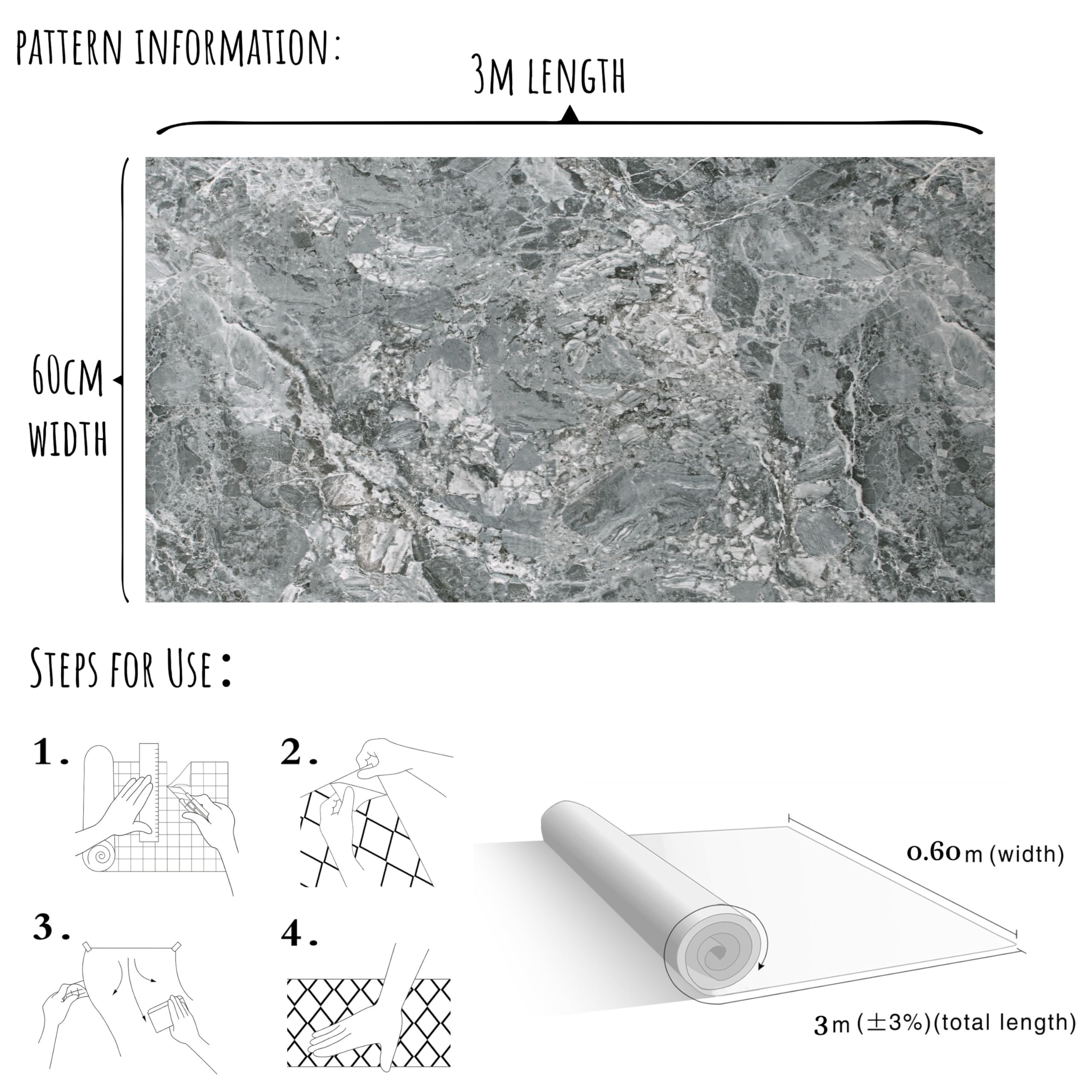 Tapeta marmurowa, Samoprzylepna marmurowa rolka winylowa wielokolorowa, wiele rozmiarów(Grey-marble,70Wx300L-cm)
