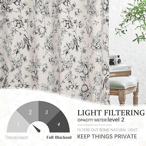 Miniatura 6 de Vangao Cortinas florales de mezcla de lino para sala de estar, 63 pulgadas de largo, cortinas negras sobre beige, pestañas traseras, filtro de luz,