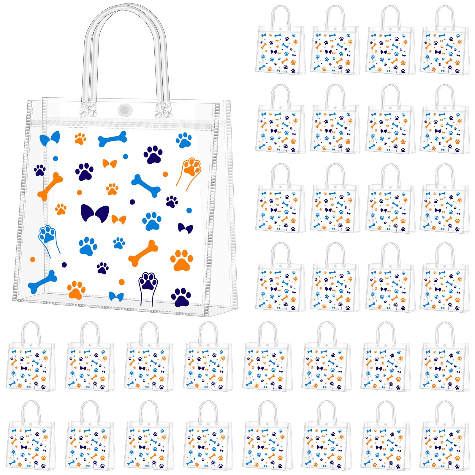 Supervitae 36 Pcs Dog Paw Clear Favor Bags with Handle Reusable Plastic PVC Gift Bag Animal Goodies Treats Wrap Totes for Christmas Birthday Party