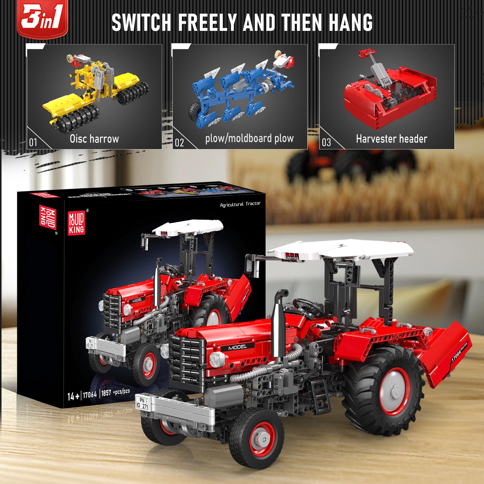 Mould King 17064 Technik Traktor, Ferngesteuert High-Tech Forklift mit 6 Motor, 3-in-1 Traktor Modell Groß Gabelstapler Klemmbausteine Bausatz (1857 Teile)
