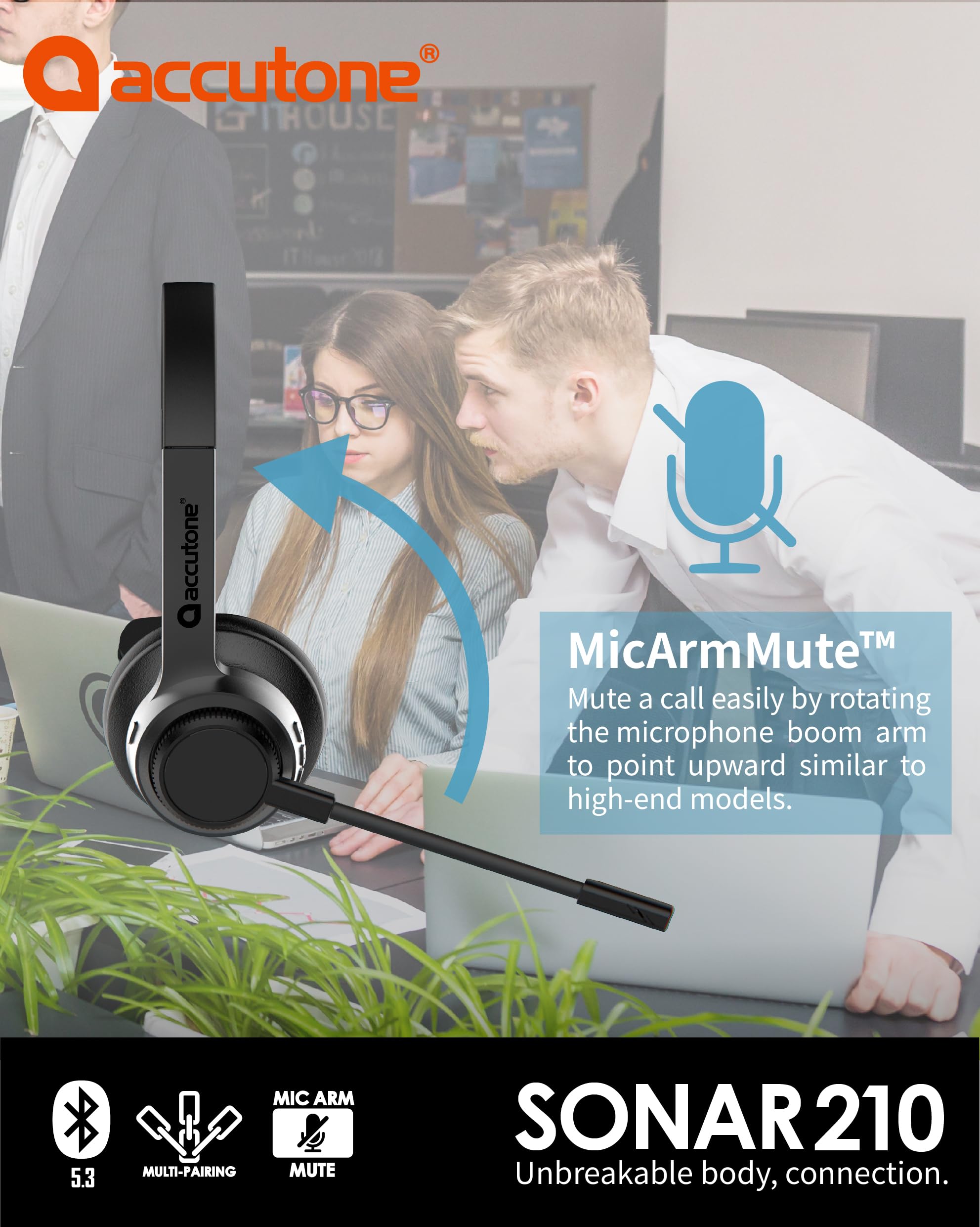 ACCUTONE Sonar 210 Mono Casque Bluetooth avec micro NC, batterie longue durée pour PC/Mac et téléphones portables, fonctionne avec MS Teams/Skype/Zoom