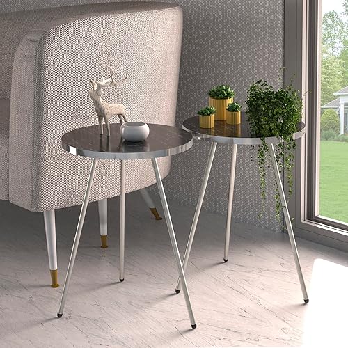 Miniatura 3 de Juego de 2 mesas auxiliares redondas de madera con aspecto de mármol, mesa auxiliar anidable para espacios pequeños, mesita de noche para