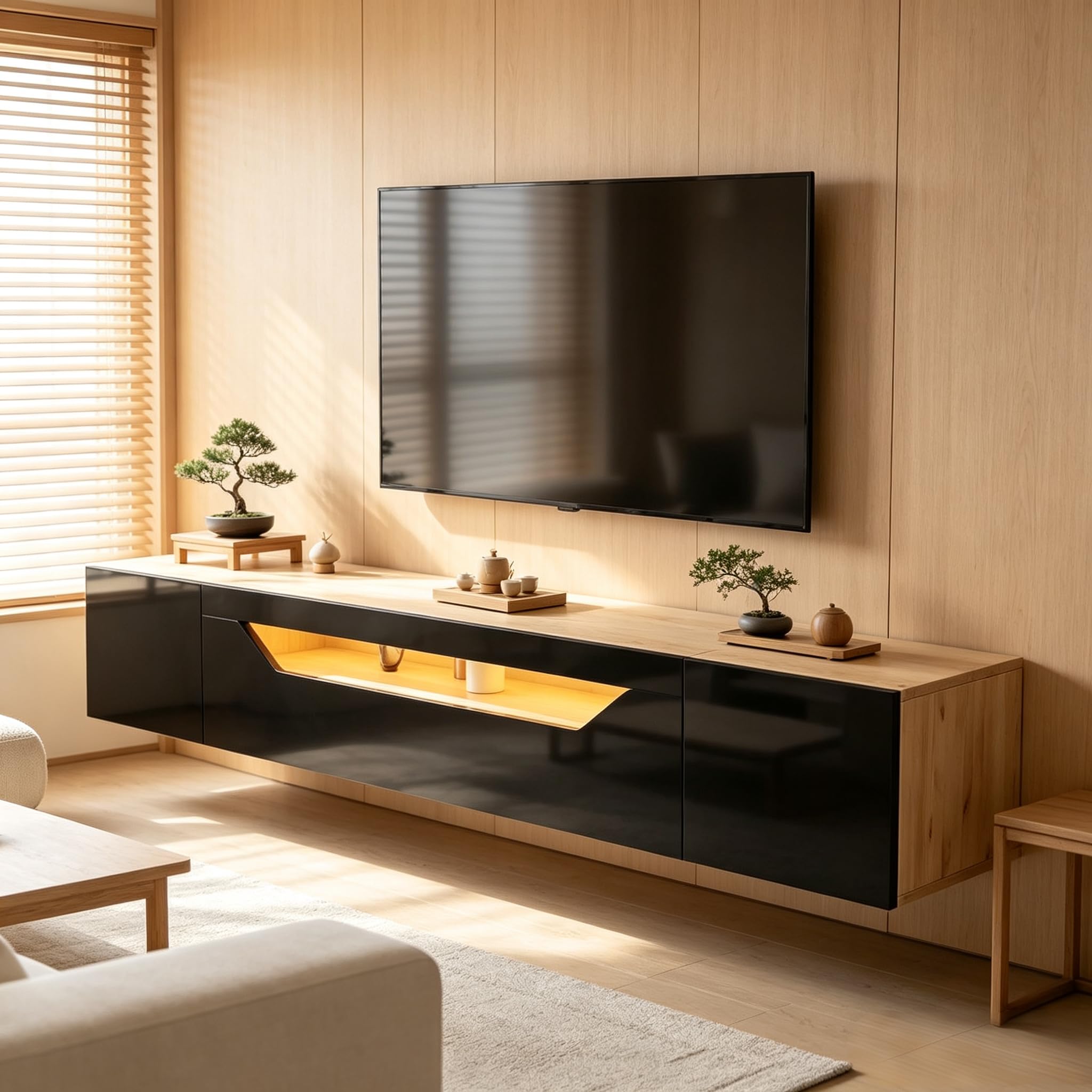 Meuble TV bas suspendu 180 cm avec LED, noir brillant et aspect bois, meuble TV mural avec 3 compartiments de rangement, 2 portes et porte rabattable, convient pour téléviseurs jusqu'à 75"