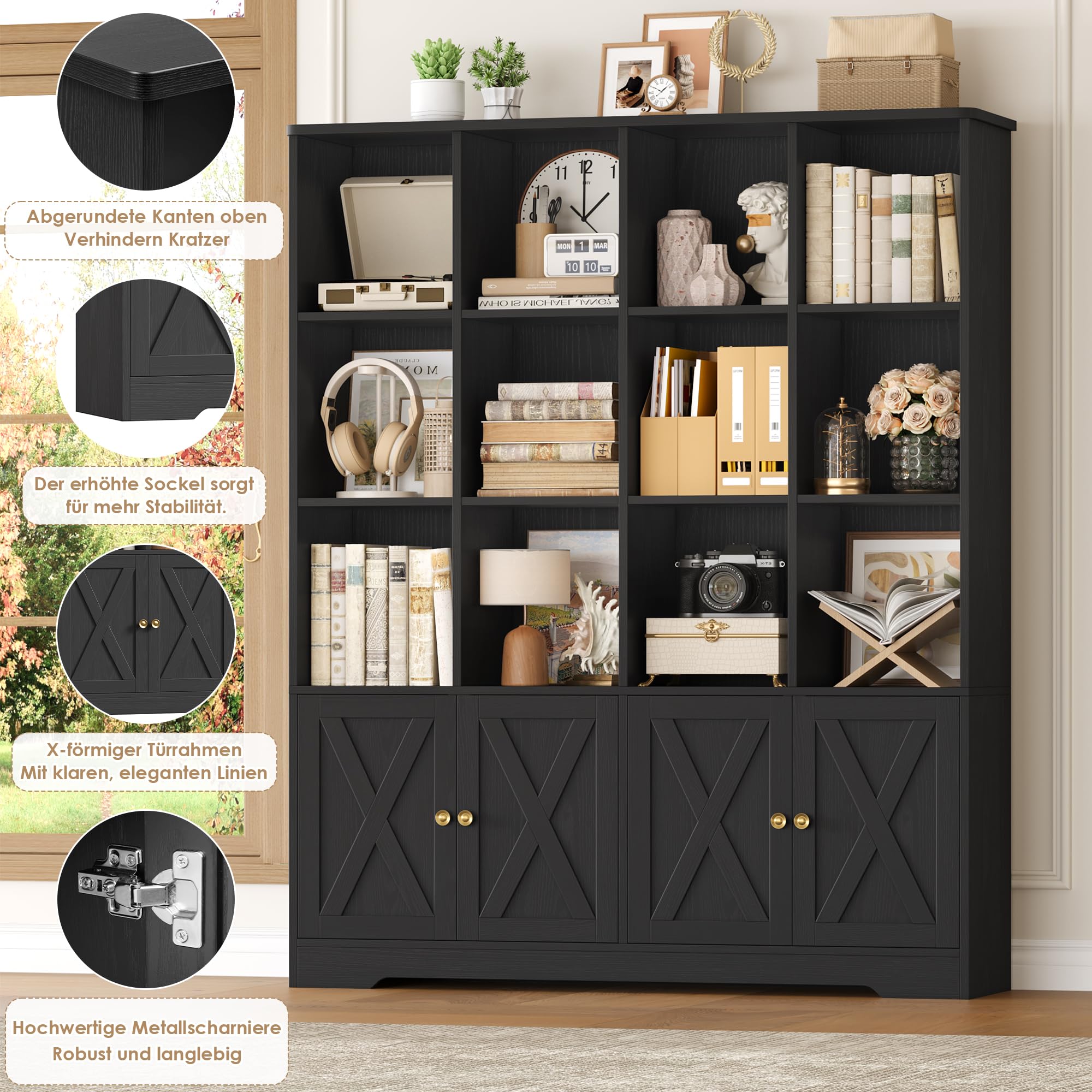FirFurd Bücherregal mit Türen, Bücherschrank mit 12 Fächern, Schwarz | Bücherschrank mit Türen Bücherregal Kinder Wohnzimmerschrank Hochschrank für Büro, Arbeitszimmer, Jugendzimmer 185x27x120cm