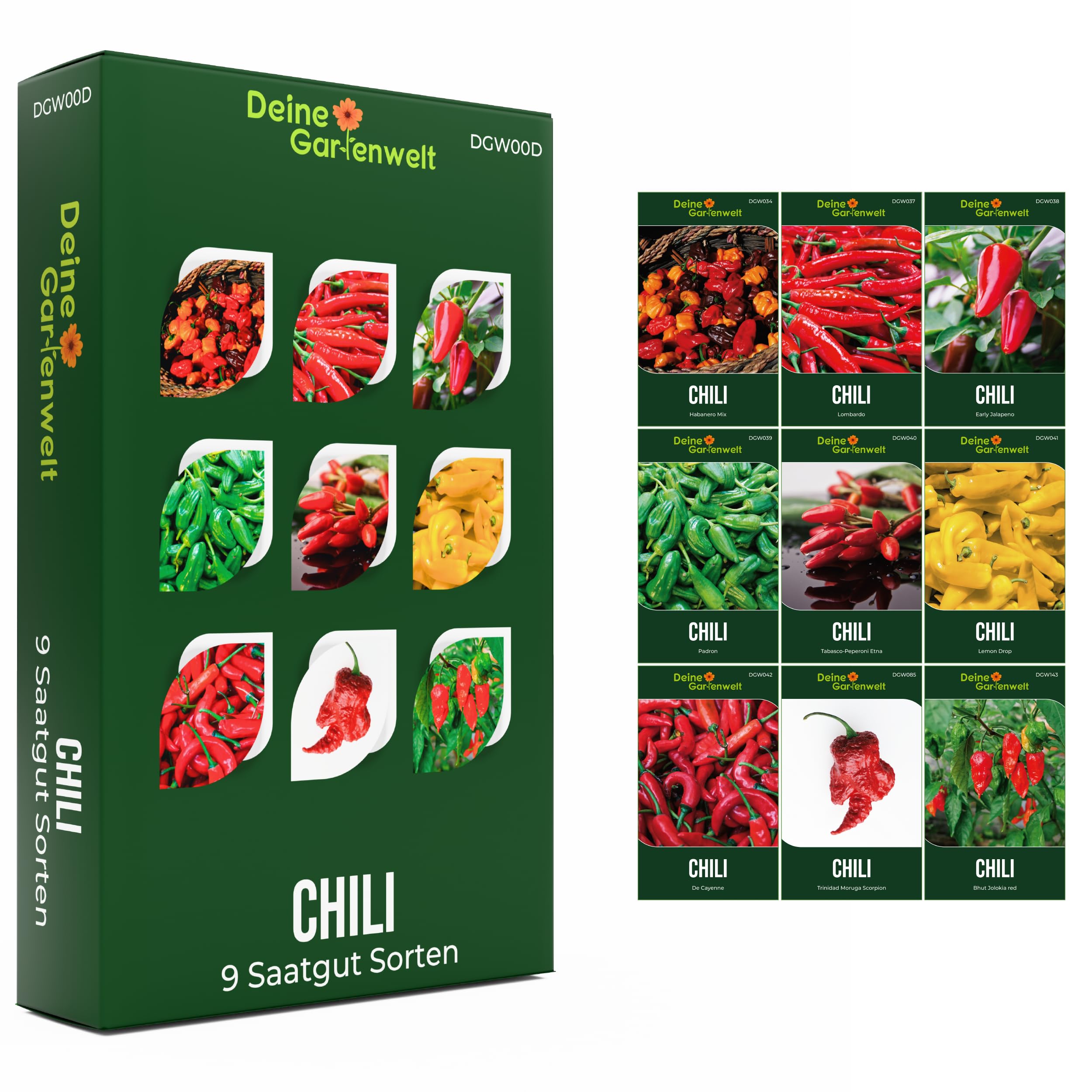 Chilisamen Set – 9 Sorten Chili Samen – Anzuchtset für Chilipflanzen – inkl. Jalapeno Samen, Habanero, Cayenne, Tabasco & MEHR – von mild bis extra scharf - ideal als Geschenkset