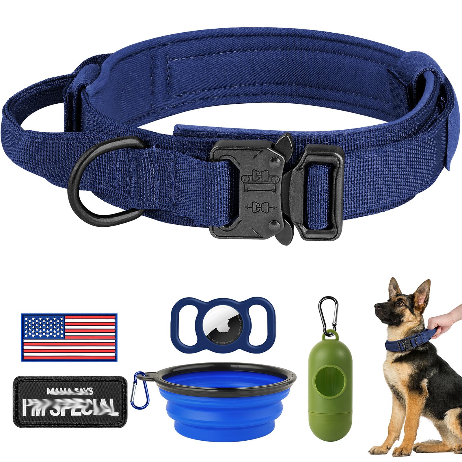 HYDEME Tactical Dog Collar Adjustable Nylon Collar with Control Handle and Heavy Metal Buckle for Medium and Large Dogs, with Patches&Airtags Case&