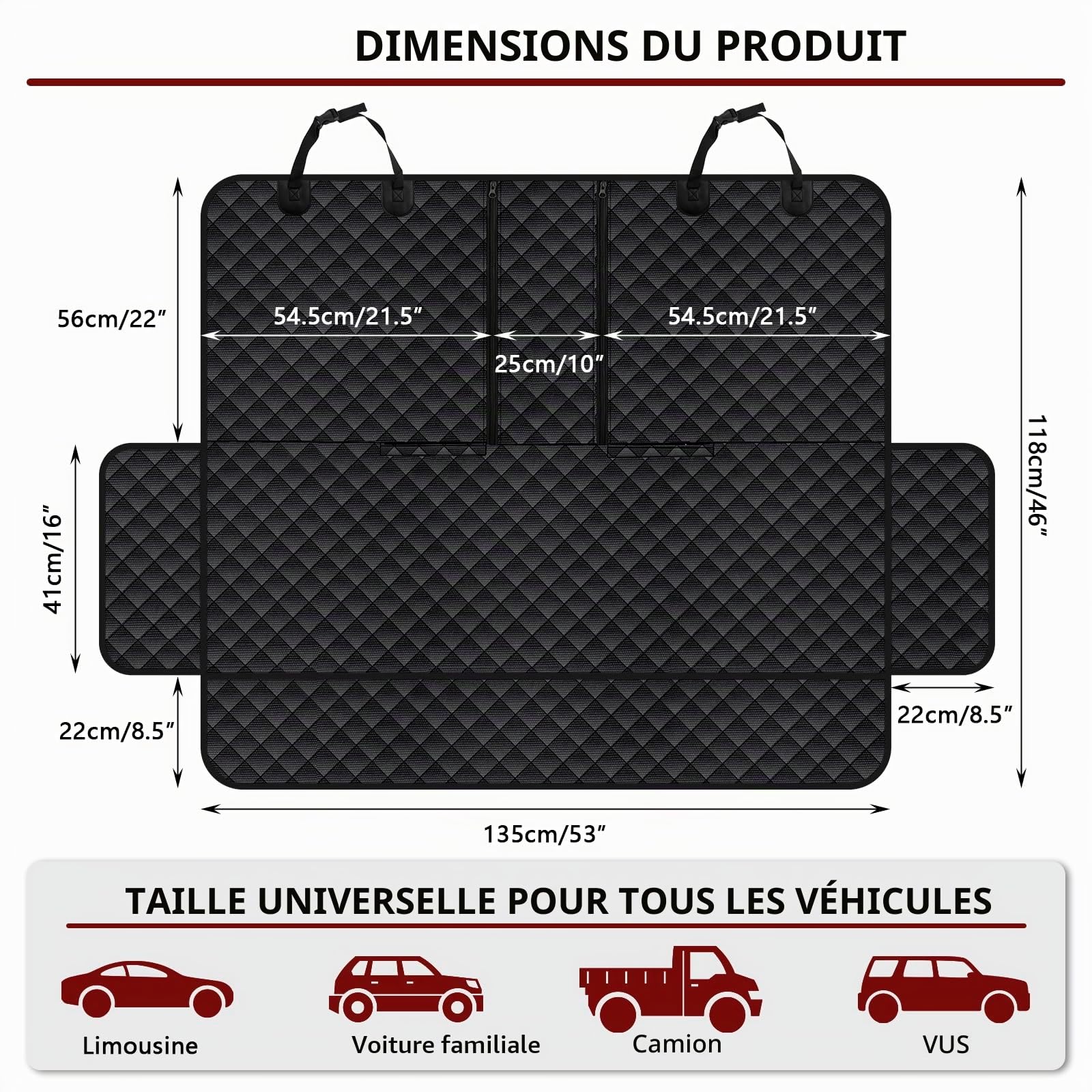 Housse de siège de voiture pour chien VAGCARS, imperméable, résistante aux rayures, avec 1 laisse élastique pour chien, 135x118 cm, Housse universelle pour siège arrière de voiture pour camions