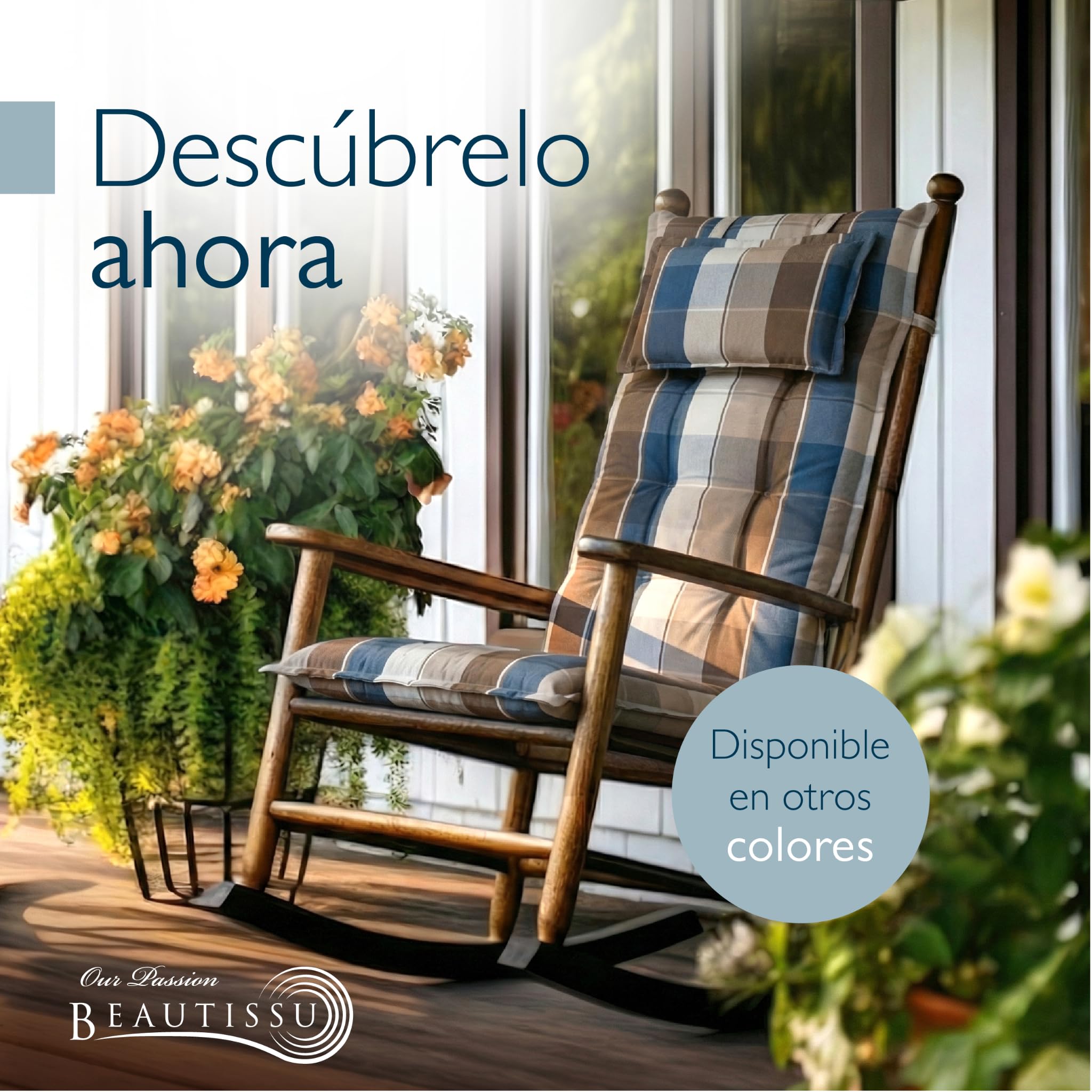 Beautissu Set de 2 Cojines para Sillas de Balcón con Respaldo Alto 120x50cm – Almohadillas de 7cm para Exterior, Tumbonas y Terrazas – HighLux HL – Marrón-Azul a Cuadros – Hecho en la UE