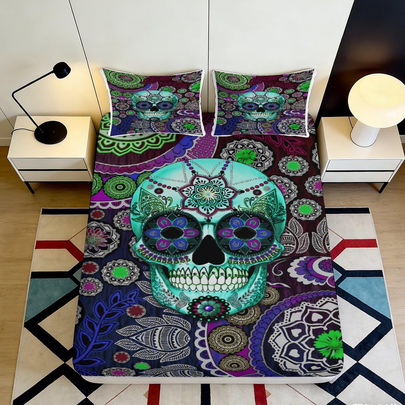 3D Printed Mandala Skull Fitted Sheet Microfiber Anti-Slip Bed Cover for Bedroom Dorm Easy Care Mattress Protector 180x200x25cm