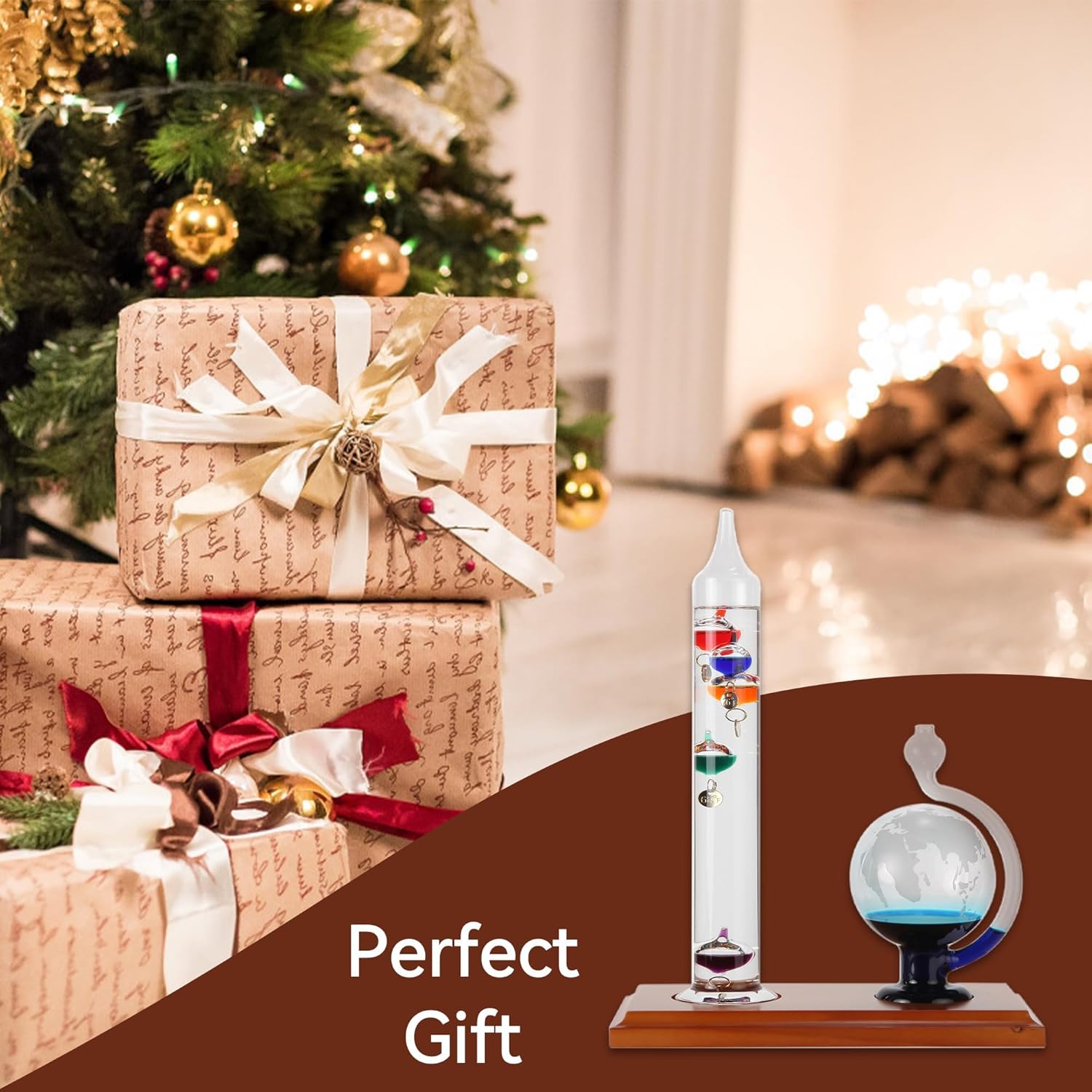Lily's Home Galileo Thermometer with Etched Glass Globe Barometer 64ºF–80ºF, A Timeless Design with Wood Base, Gift for Friends and Family, Holiday Gift, Indoor & Outdoor Home Décor (9 in x 12 in)