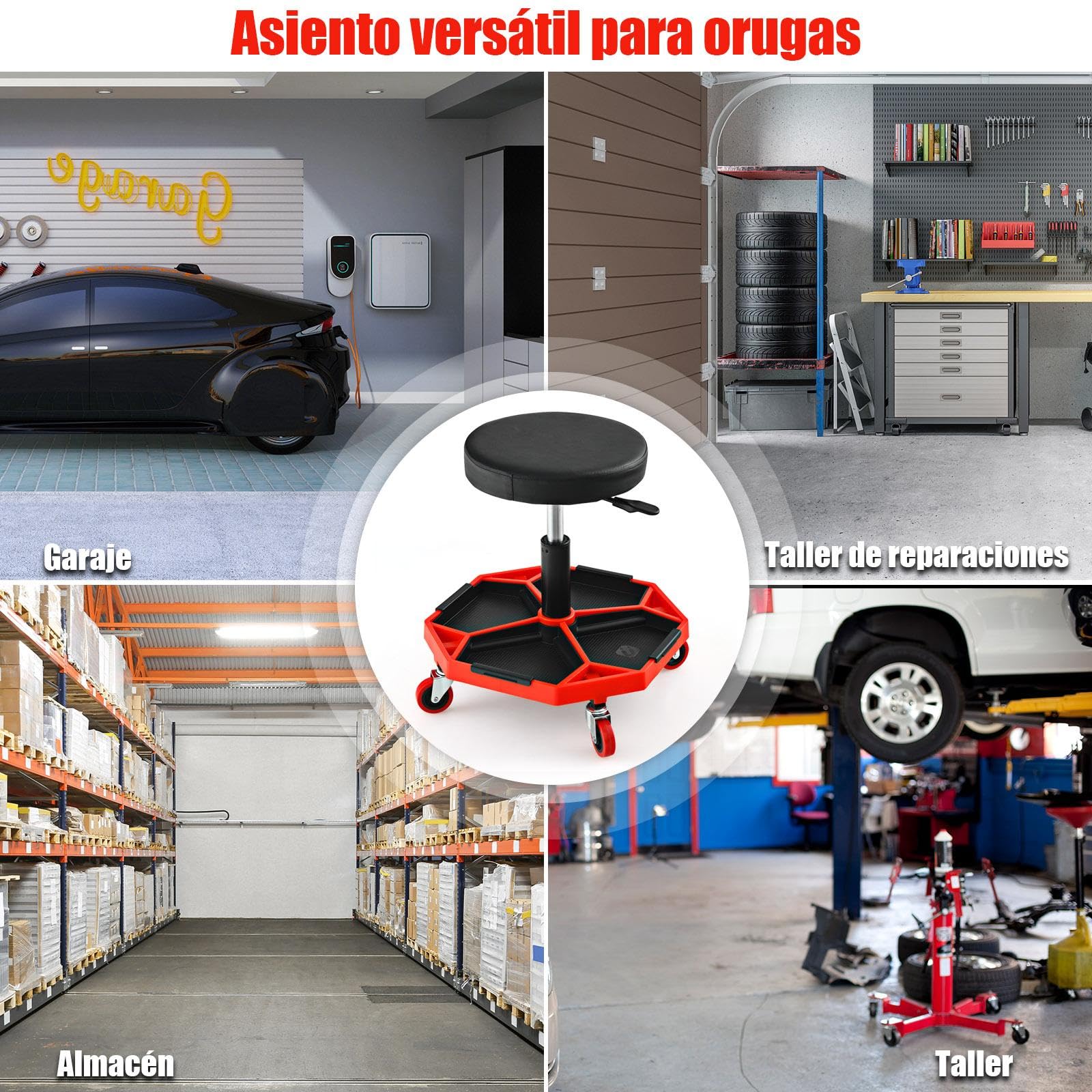 SOARS Taburete de Montaje Móvil, Taburete de Taller Regulable en Altura de 41 a 55 cm, Taburete Neumático Mecánico con Ruedas y Bandeja magnética extraíble para Herramientas, Carga 150 kg