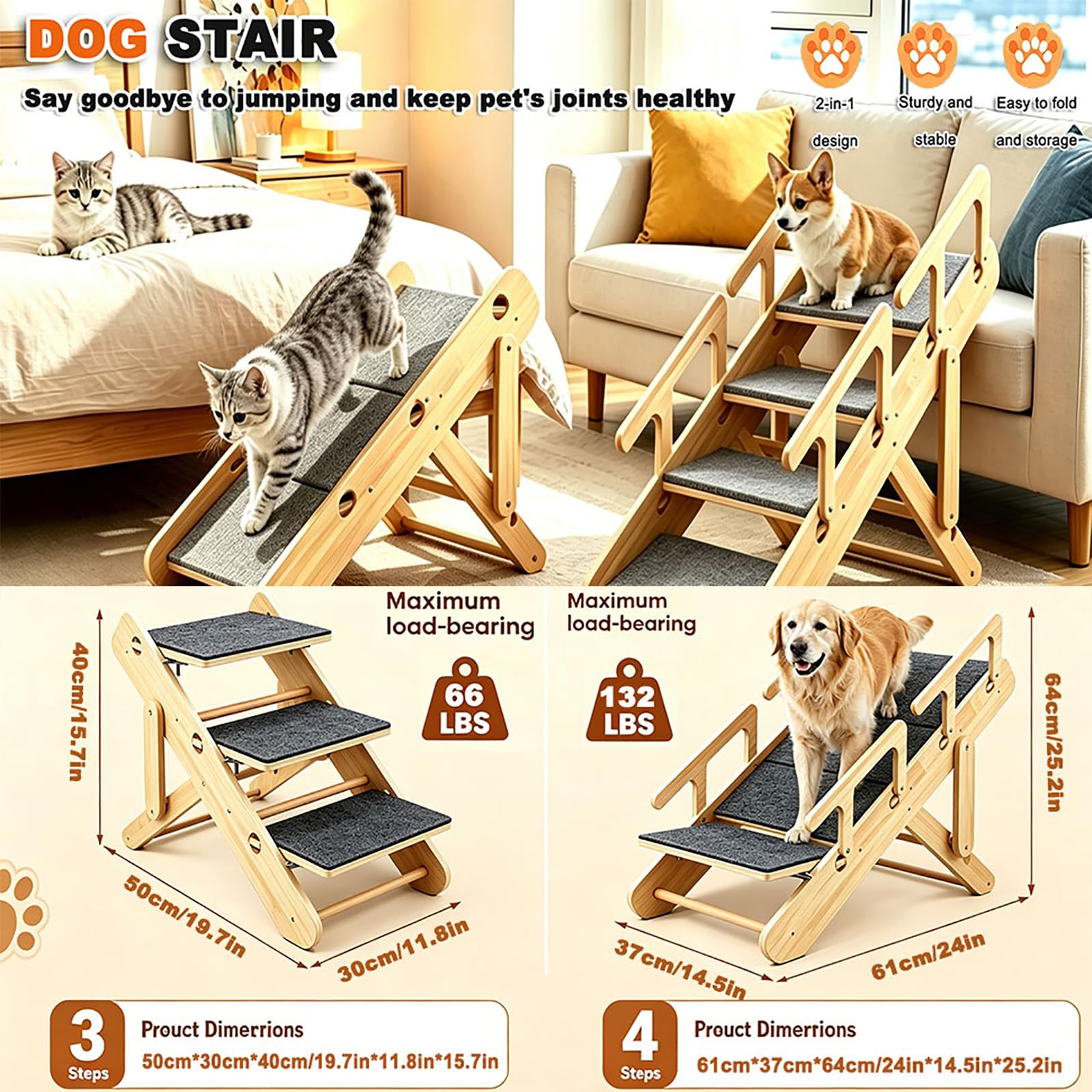 Escaleras y rampa para Perros, escaleras Plegables para Mascotas | Altura Ajustable para Sofá Cama, Rascador de Fieltro Antideslizante, Rampa de Madera Plegable para Gatos Perros(Four-Tier)