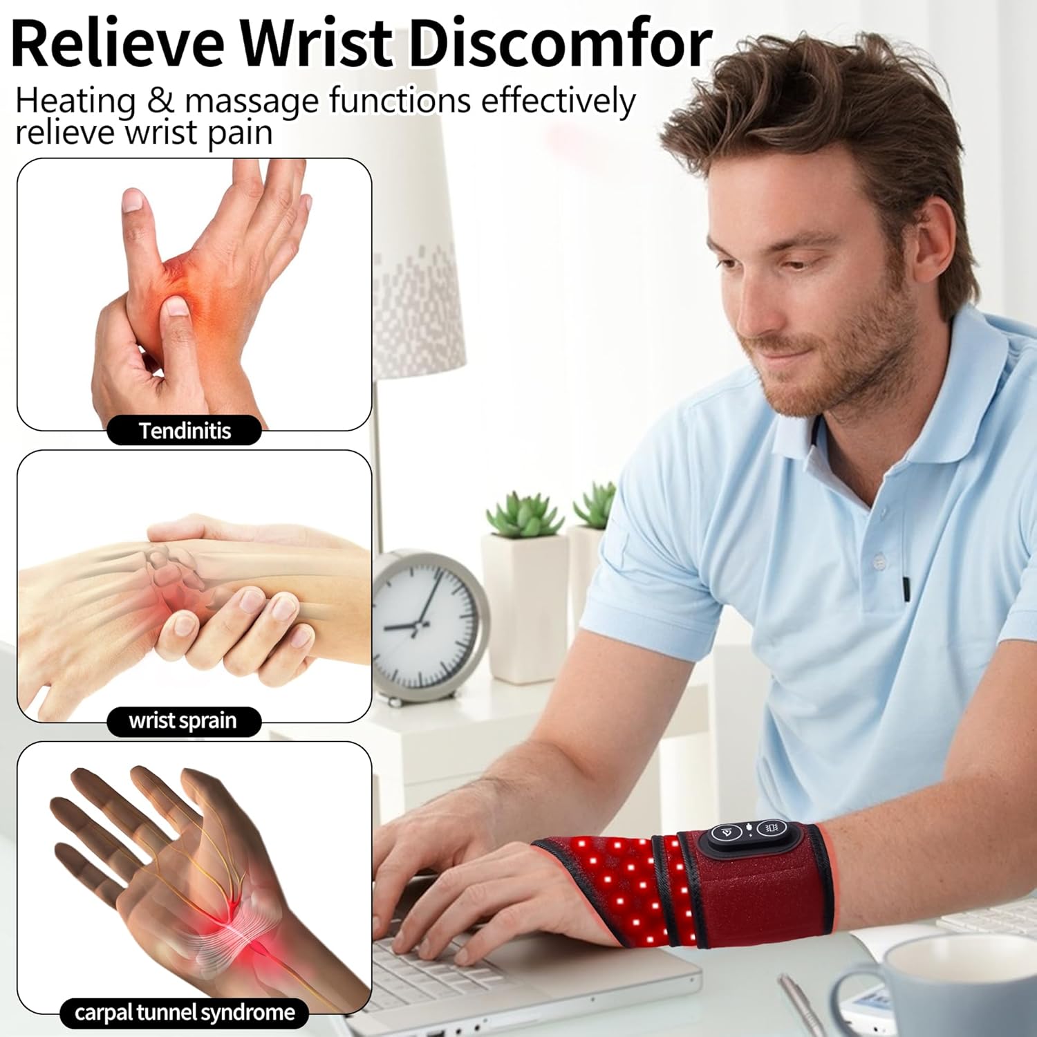Cordless Wrist Heating Pad Massager, Red Light Heated Wrist Wrap with 3000mAh Battery, 3 Vibration and Heat Settings, Heated Hand Wrap for Arthritis, Carpal Tunnel Relief