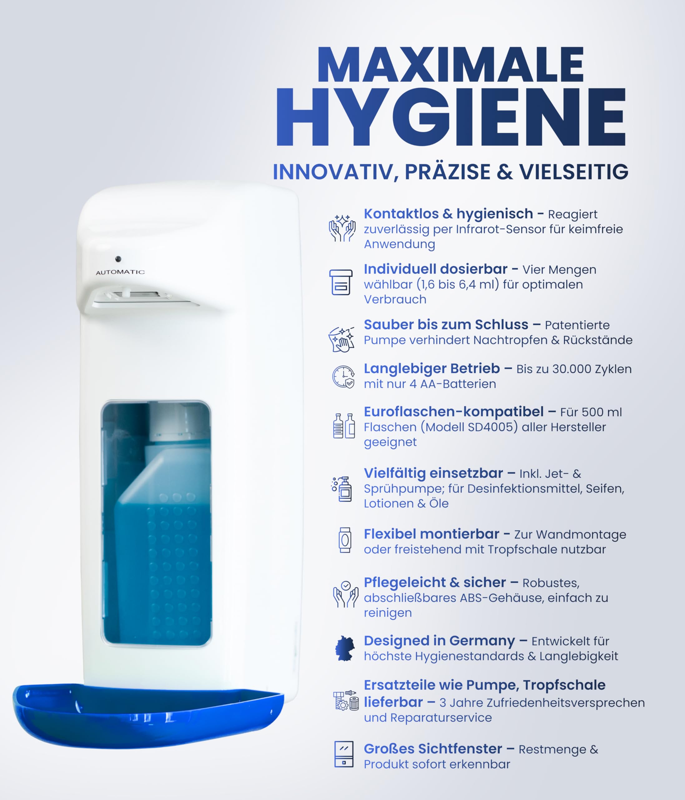 Distributore di disinfettante automatico per bottiglie europee, dispenser europeo e disinfettante con sensore, dispenser di sapone da parete e ricaricabile (bianco con blu, 500 ml)
