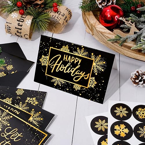 Miniatura 5 de Whaline Paquete de 32 tarjetas de felicitación de Navidad con copos de nieve y oro negro con sobres tarjetas de notas en blanco de invierno para
